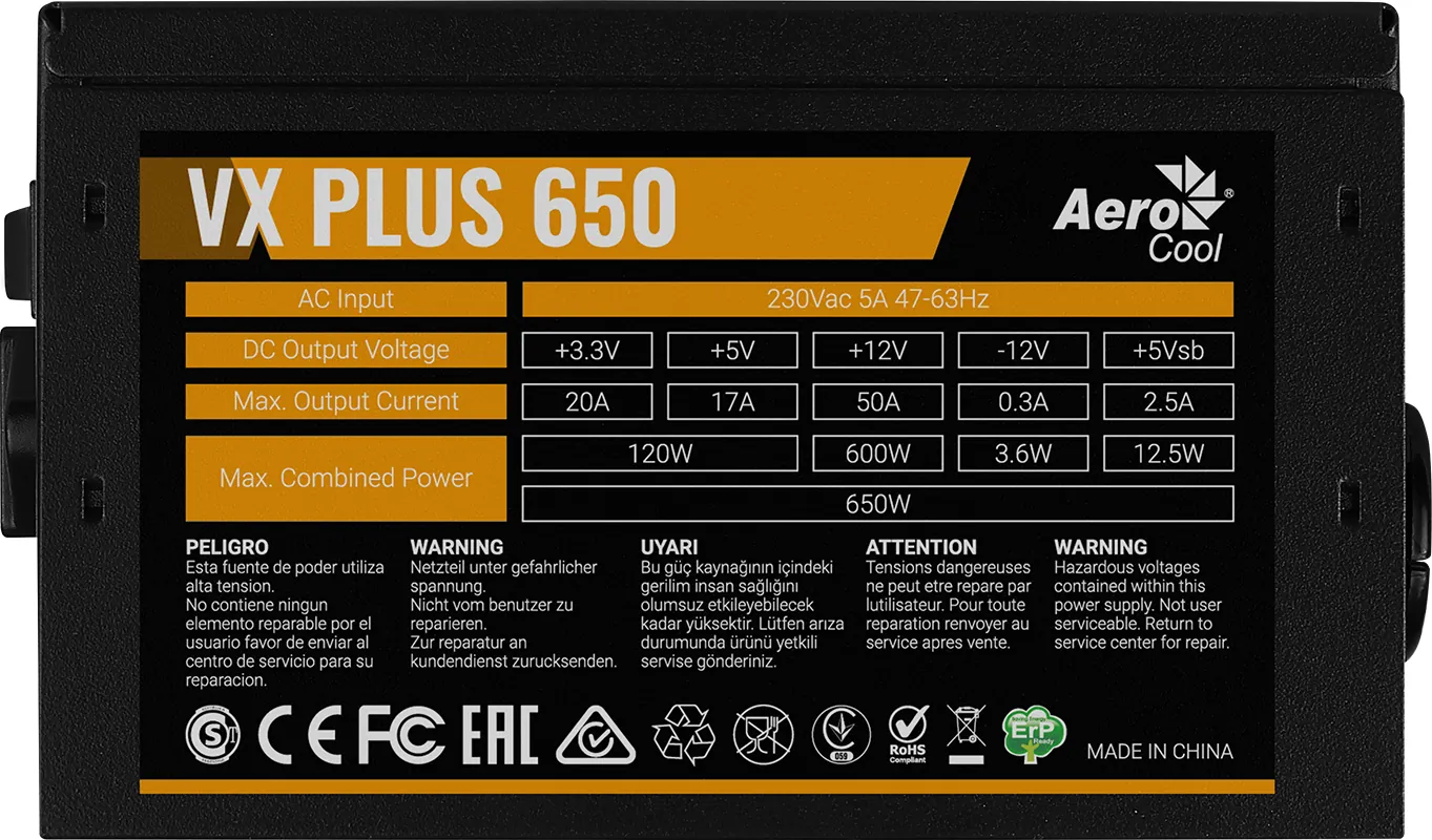 Aerocool VX Plus 650W 12cm Fan Güç Kaynağı (AE-VXP650)