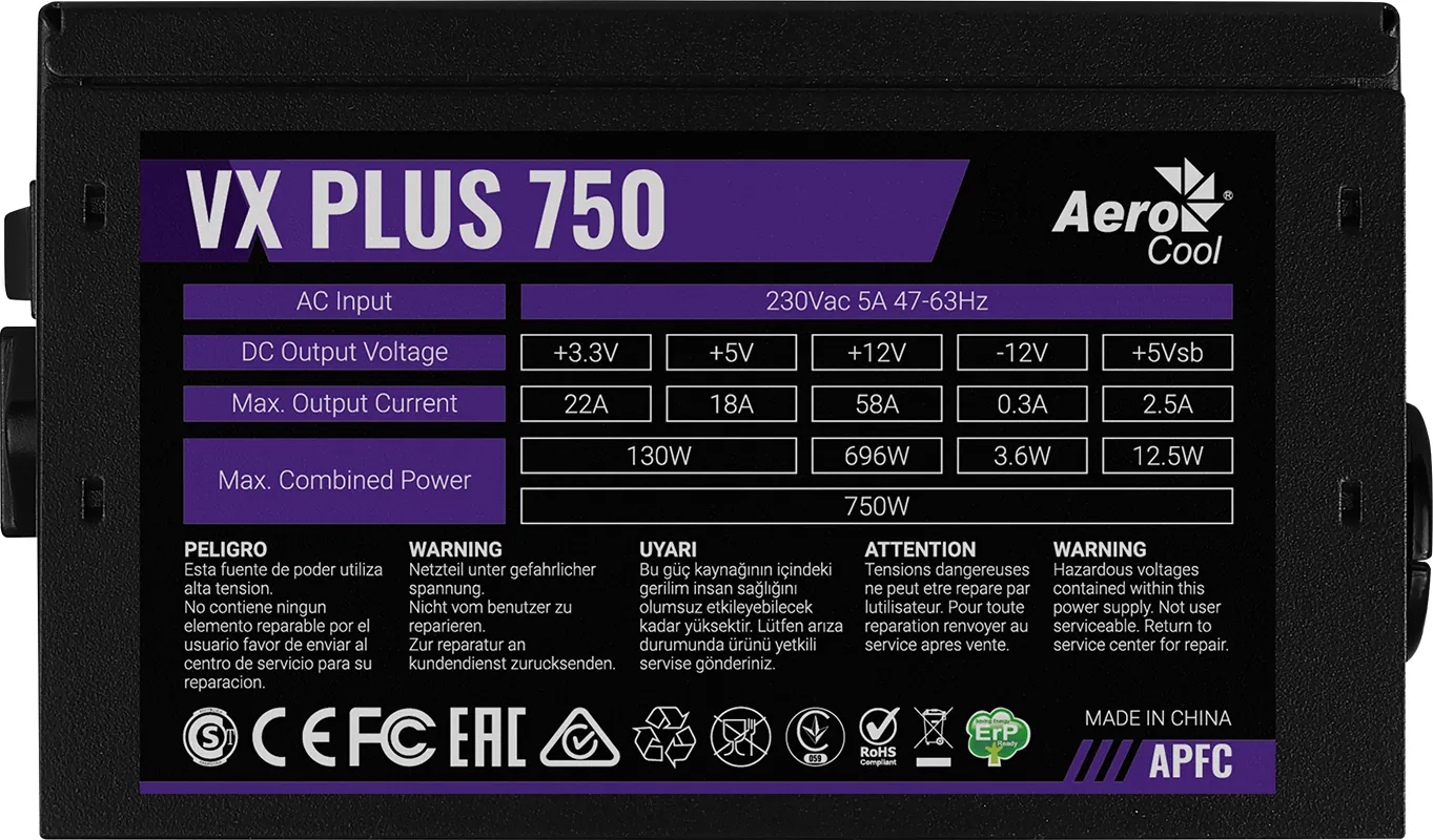 Aerocool VX Plus 750W 12cm Fan Güç Kaynağı (AE-VXP750)