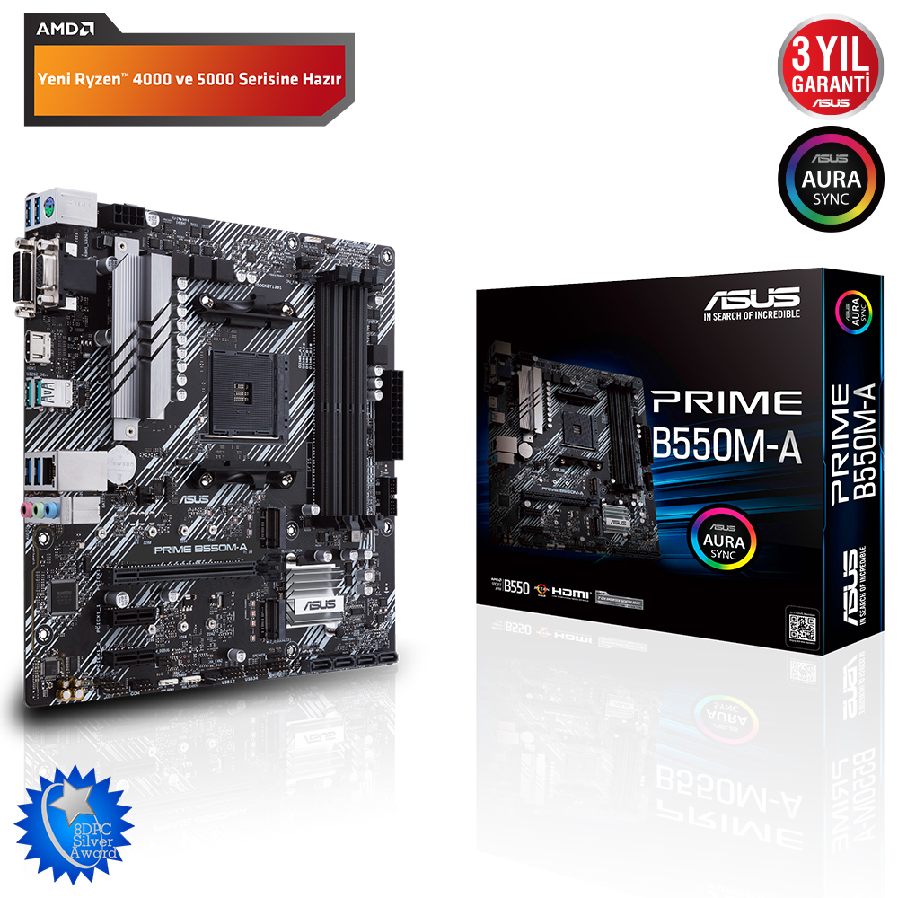 Asus Prime B550M-A AM4 DDR4 Ses GLAN HDMI/DVI/VGA SATA3 USB3.2 mATX