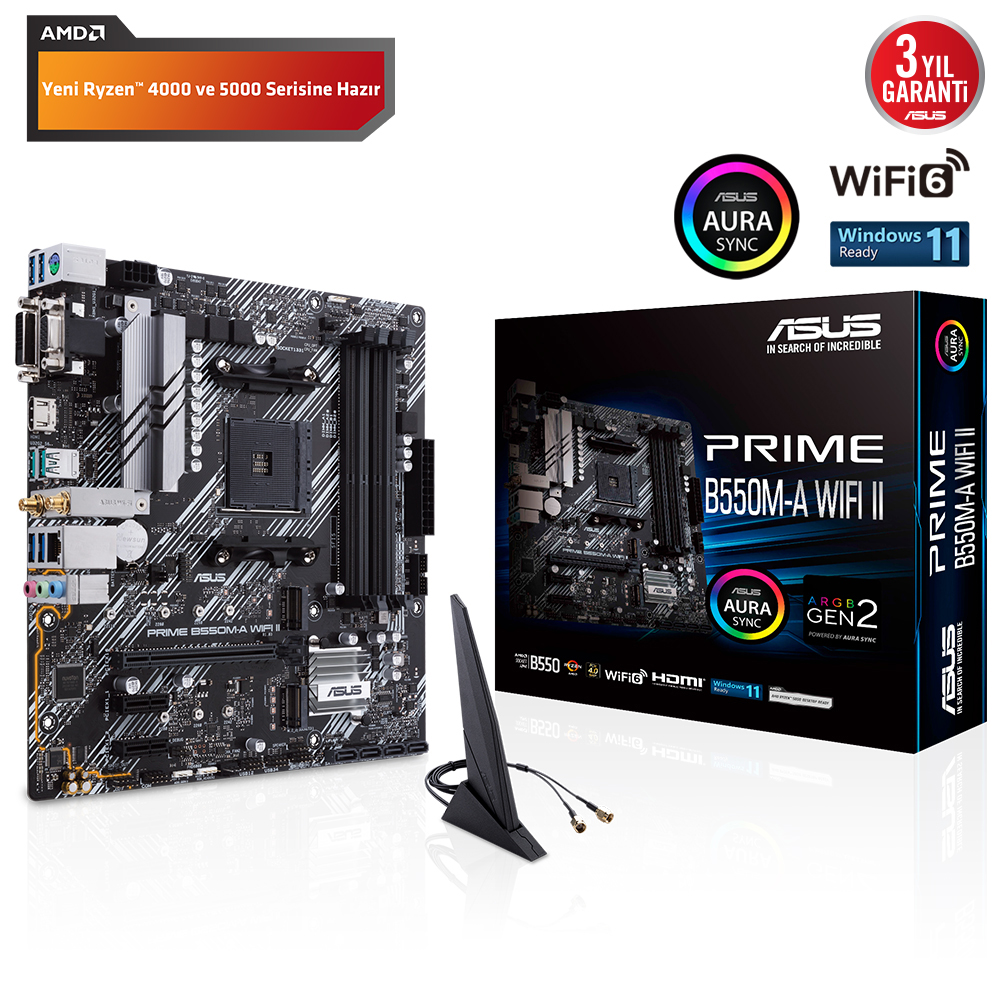 Asus Prime B550M-A WiFi II AM4 DDR4 Ses Glan HDMI/DVI/VGA SATA3 USB3.2 mATX