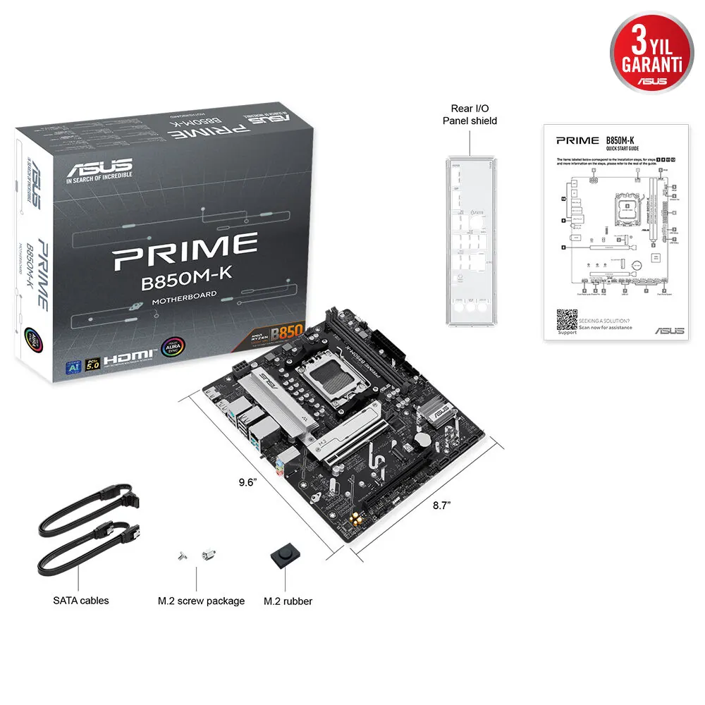 Asus Prime B850M-K AM5 DDR5 Ses GLAN DP/HDMI SATA3 USB3.2 mATX