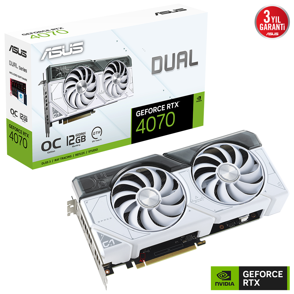 Asus RTX4070 12GB GDDR6X 192Bit Dual 3xDP/HDMI Beyaz (Dual-RTX4070-O12G-White)