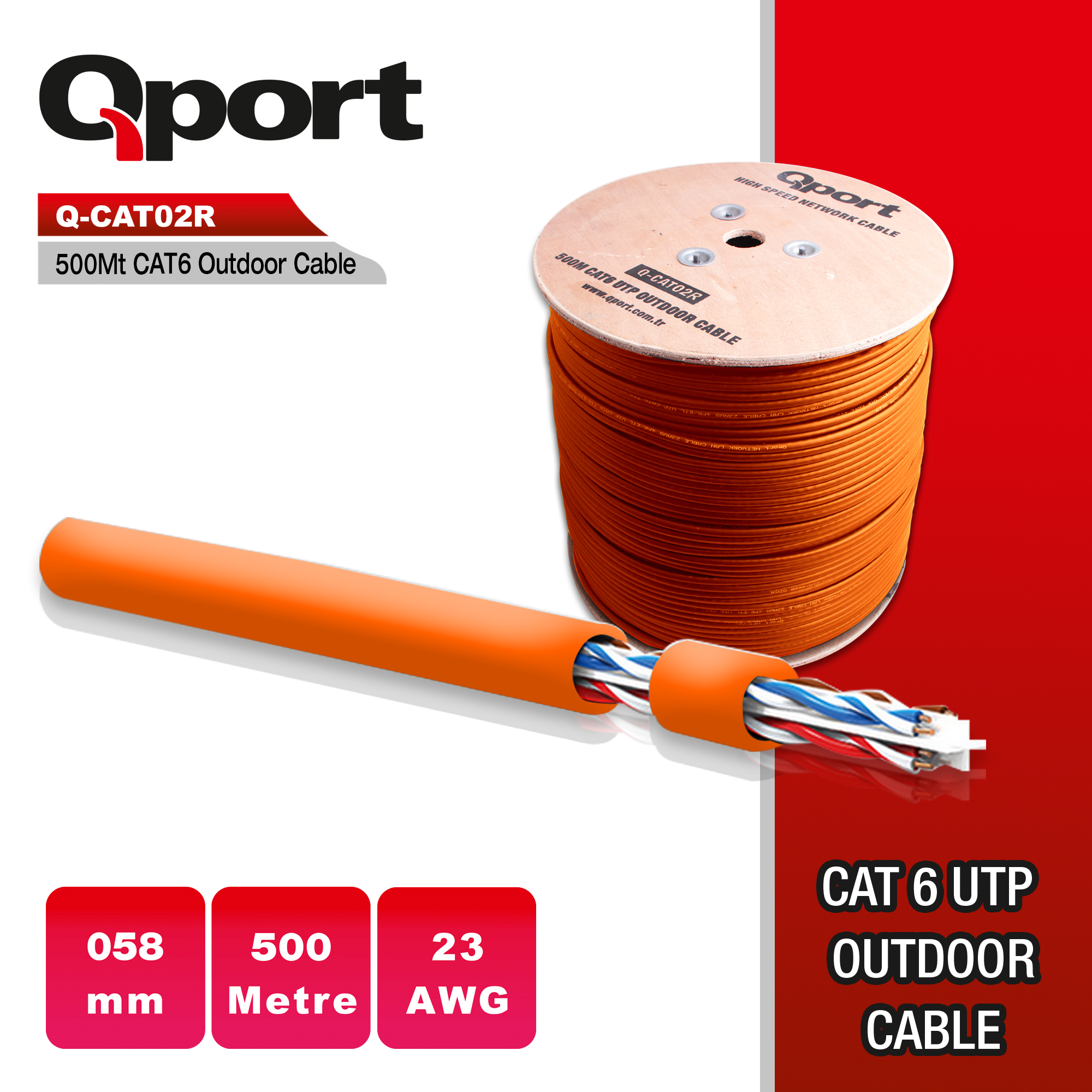 Cat6 500M Outdoor Turuncu UTP 23AWG Kablo (Q-CATO2R)