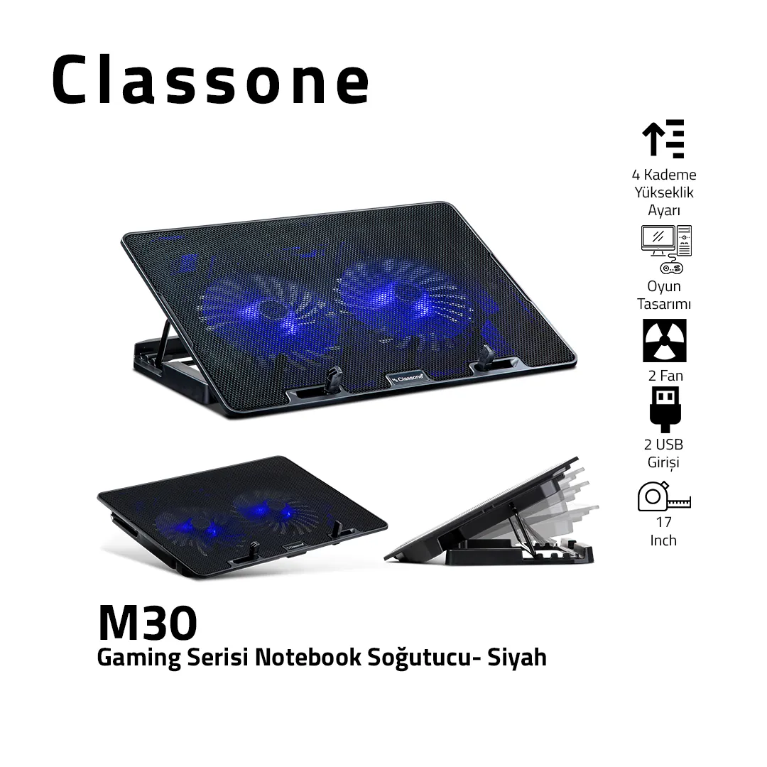Classone M30 2xFan 2xUSB 4xYükseklik 14" 17" Gaming Notebook Soğutucu Siyah