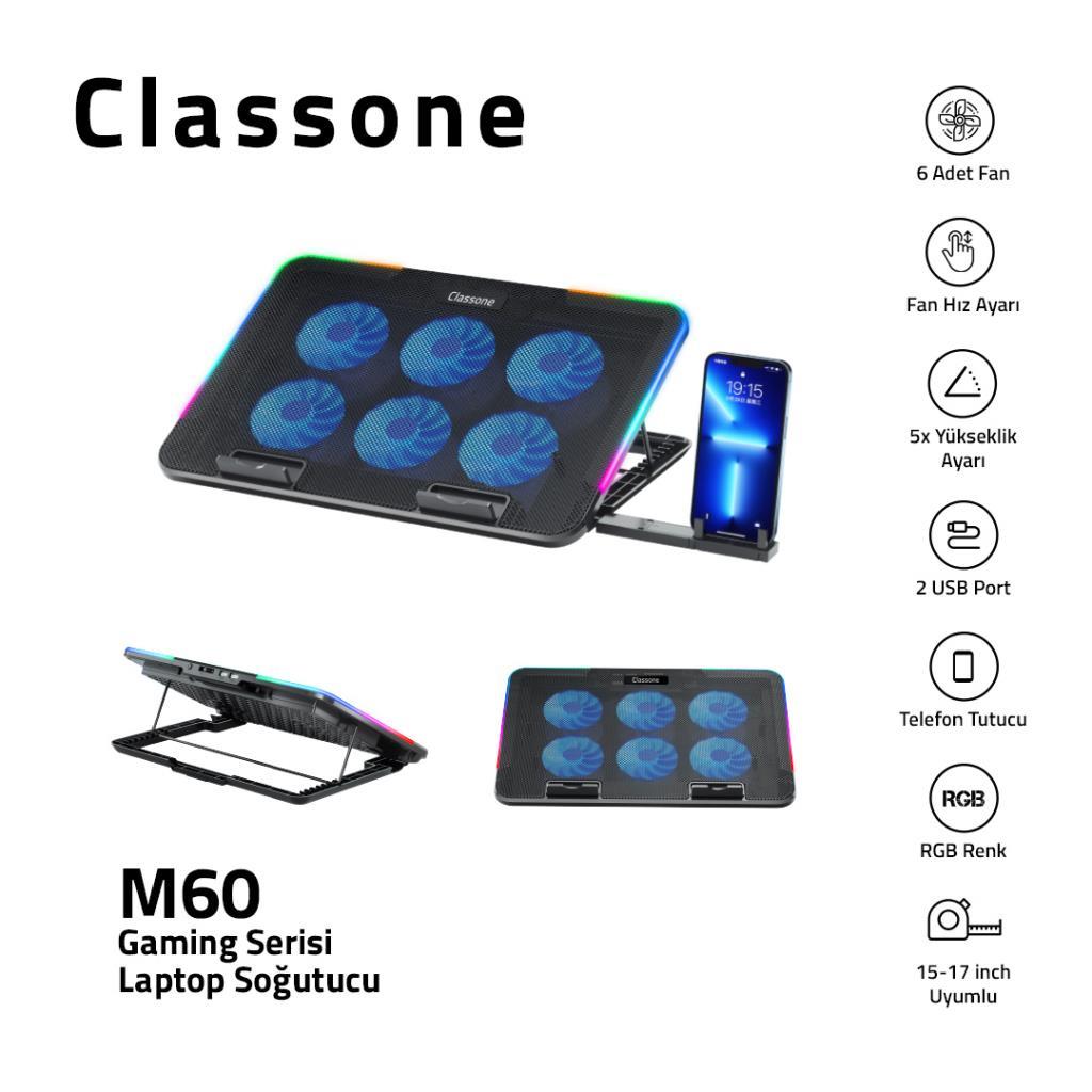 Classone M60 6xFan 2xUSB Telefon Standı Hız ve Işık Kontrolü 15.6"-17" Gaming