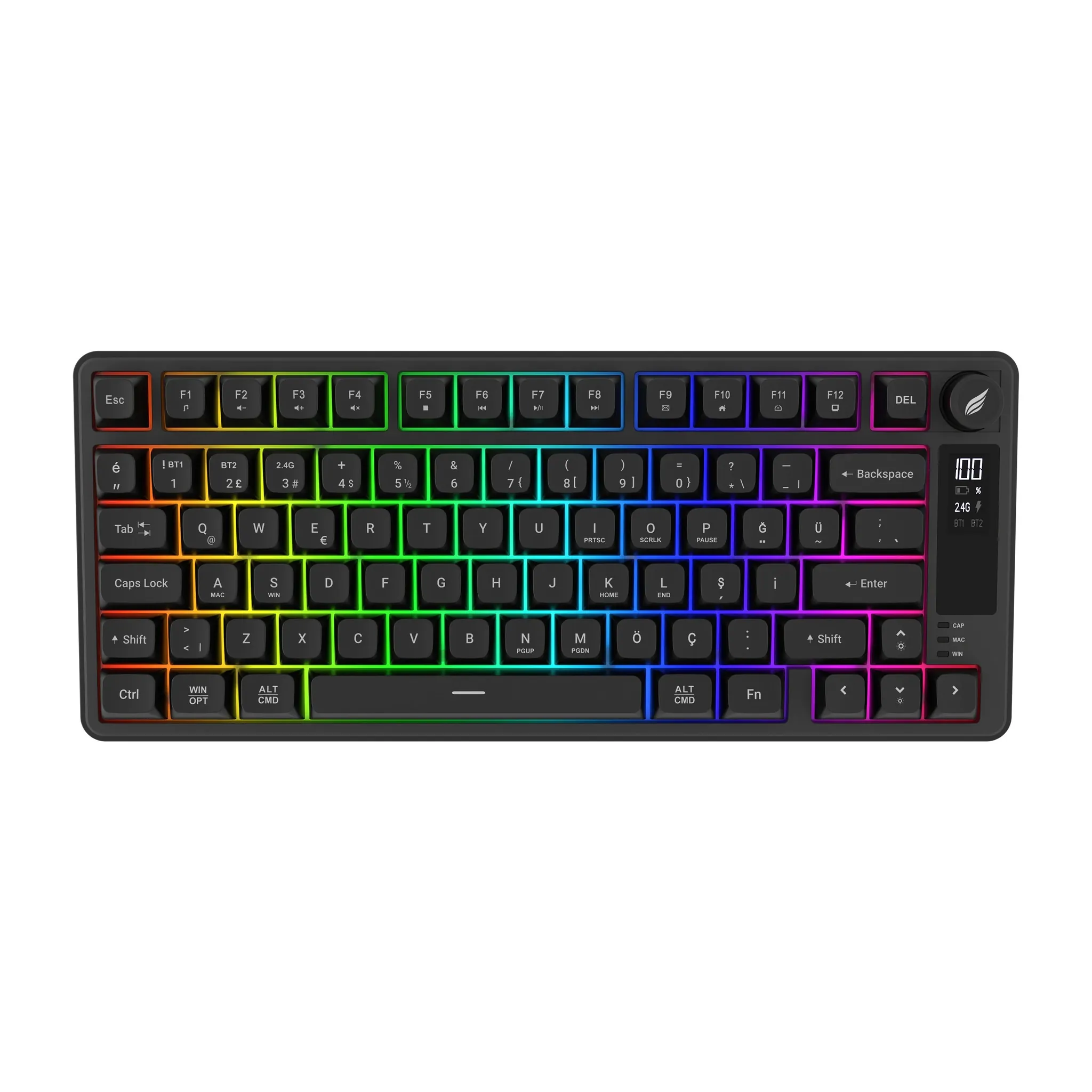 Hawk Gaming HK255 Membrane LCD RGB Kablosuz Bluetooth Klavye Siyah