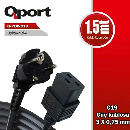 Qport 1.5m C19 Power Güç Kablosu