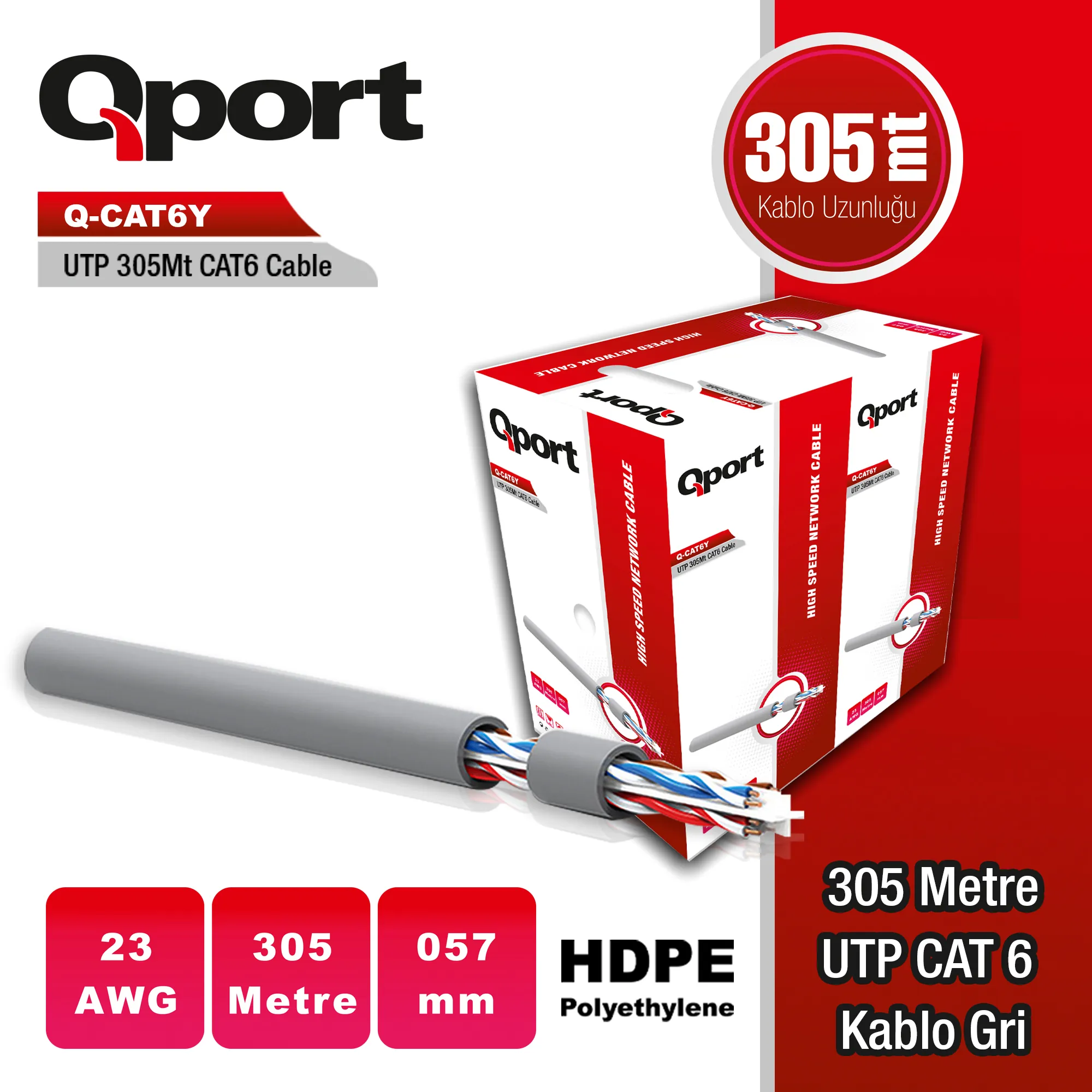 Qport 305M Cat6 UTP Gri 23AWG 0.57mm PE Kablo (Q-Cat6y)