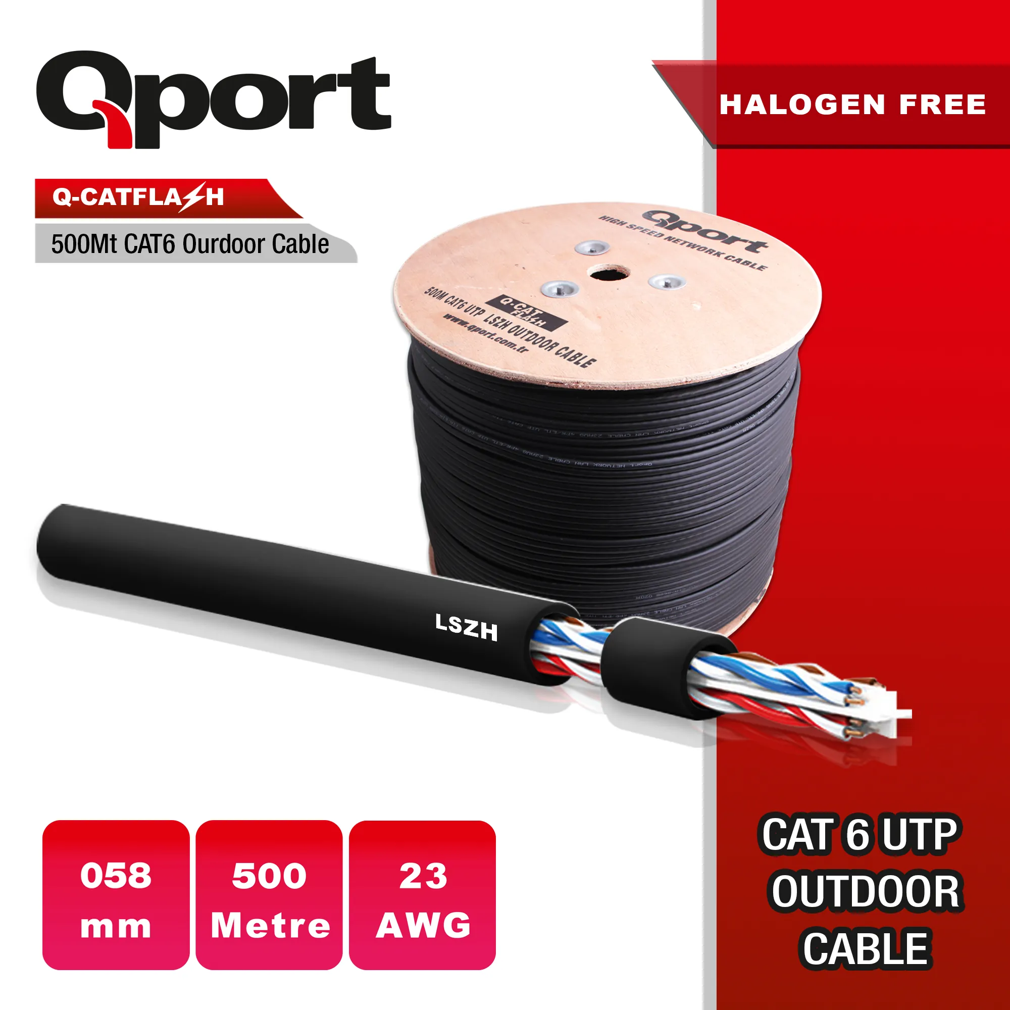 Qport 500M Cat6 Makaralı Outdoor LSZH Kablo (Q-Catflash)
