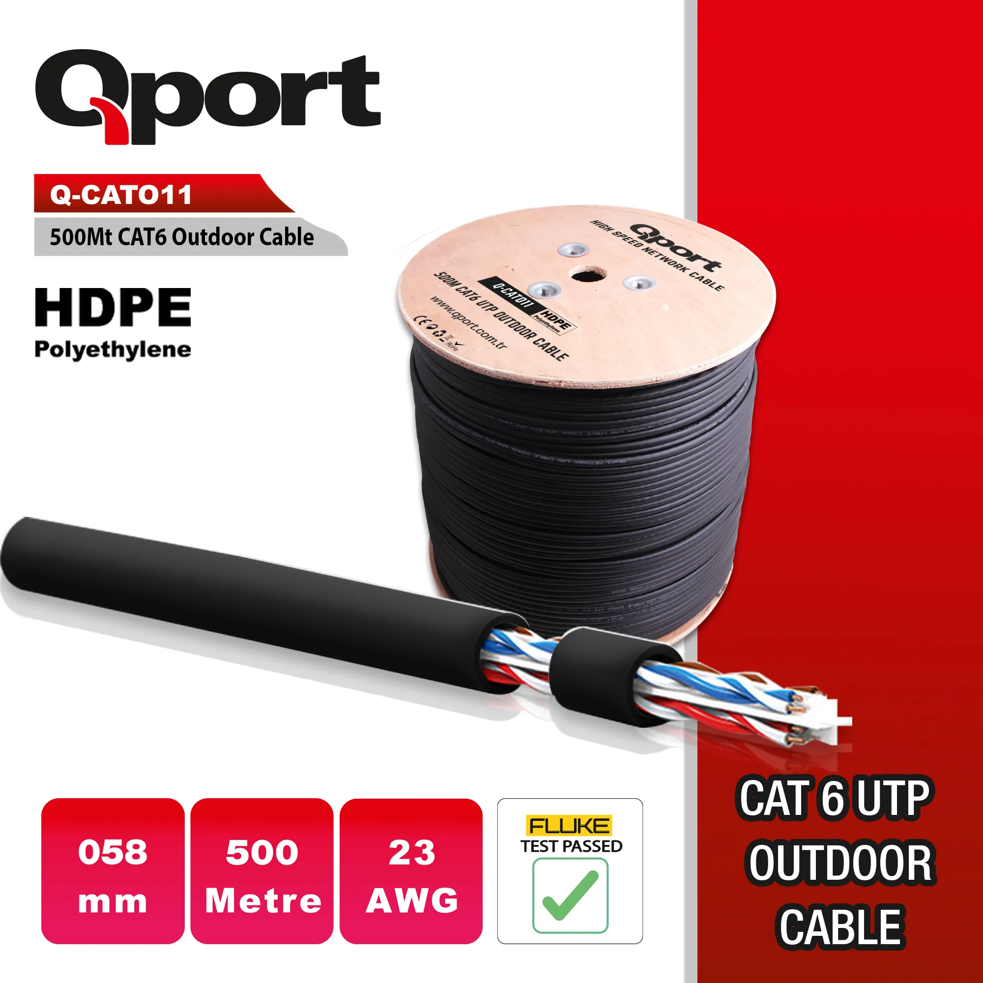 Qport 500M Cat6 Outdoor UTP Siyah 23AWG 0.58mm PE Kablo (Q-CATO11)