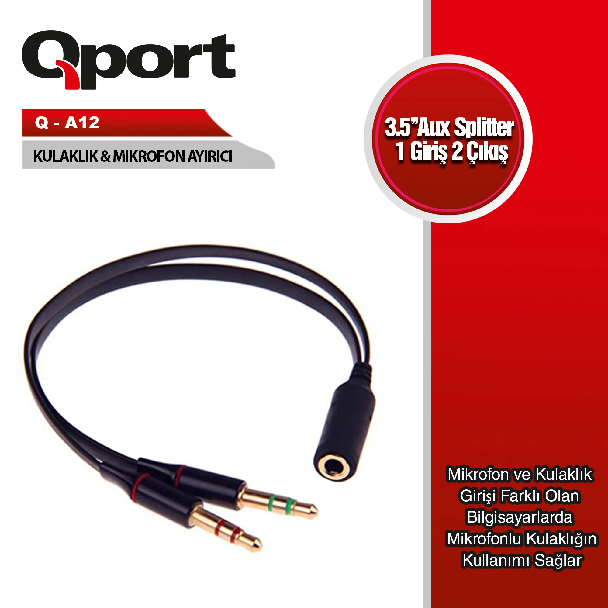 Qport (Q-A12) 3.5mm Dışı to 5mm Erkek Audio+Mic 15cm