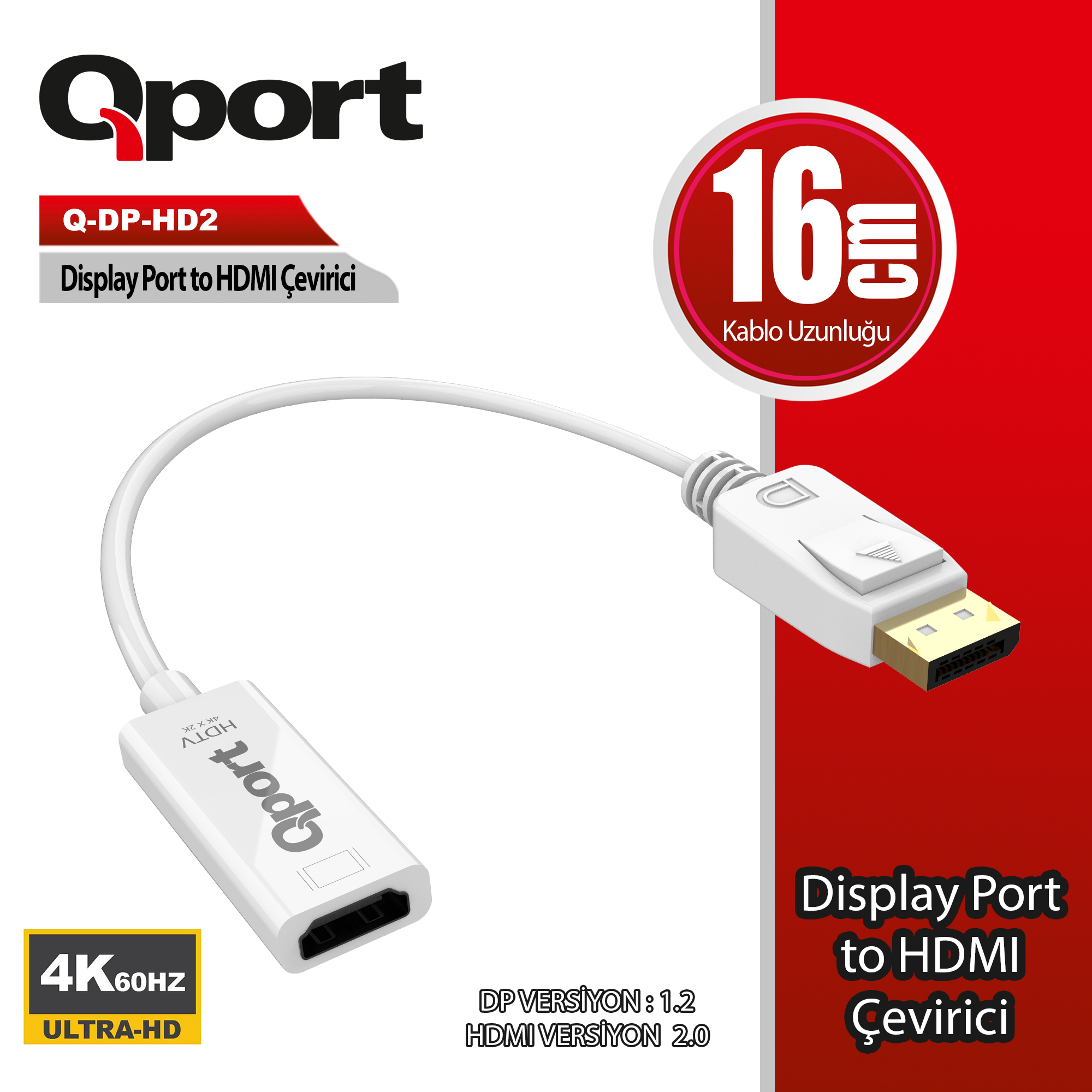 Qport Q-DP-HD2 Display Port'tan HDMI Çevirici 4K 60Hz