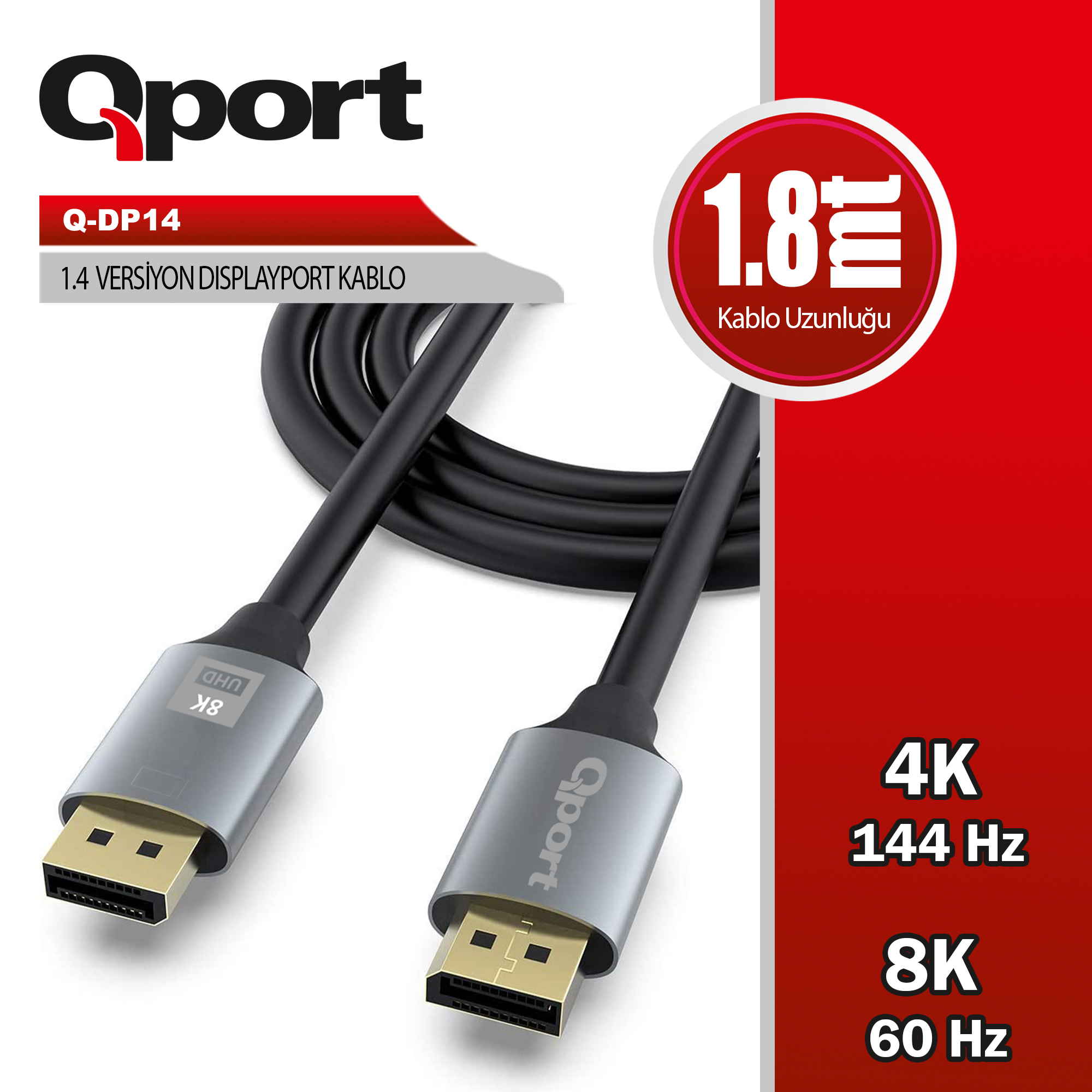 Qport (Q-DP14) Display Port 1.8 Metre Kablo