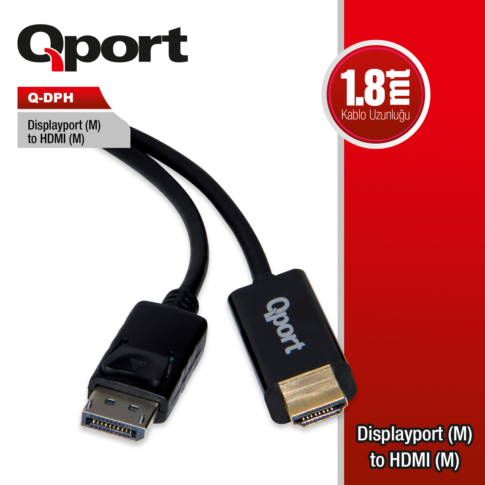 Qport (Q-DPH) Display Port to HDMI Çevirici 1.8m Kablo