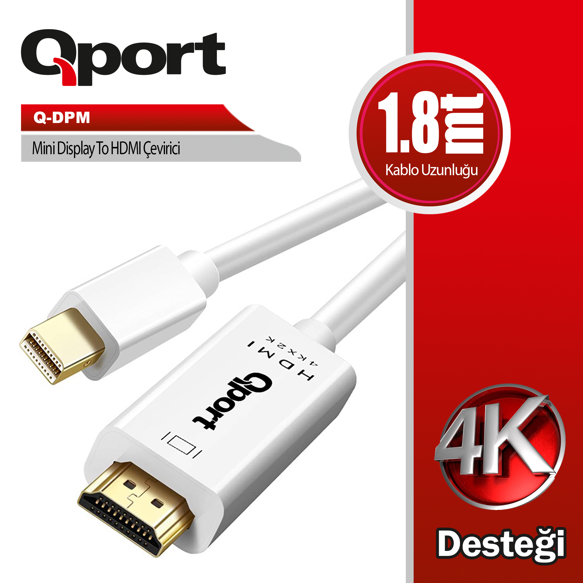 Qport (Q-DPM) Mini Display Port to HDMI Çevirici 1.8m Kablo