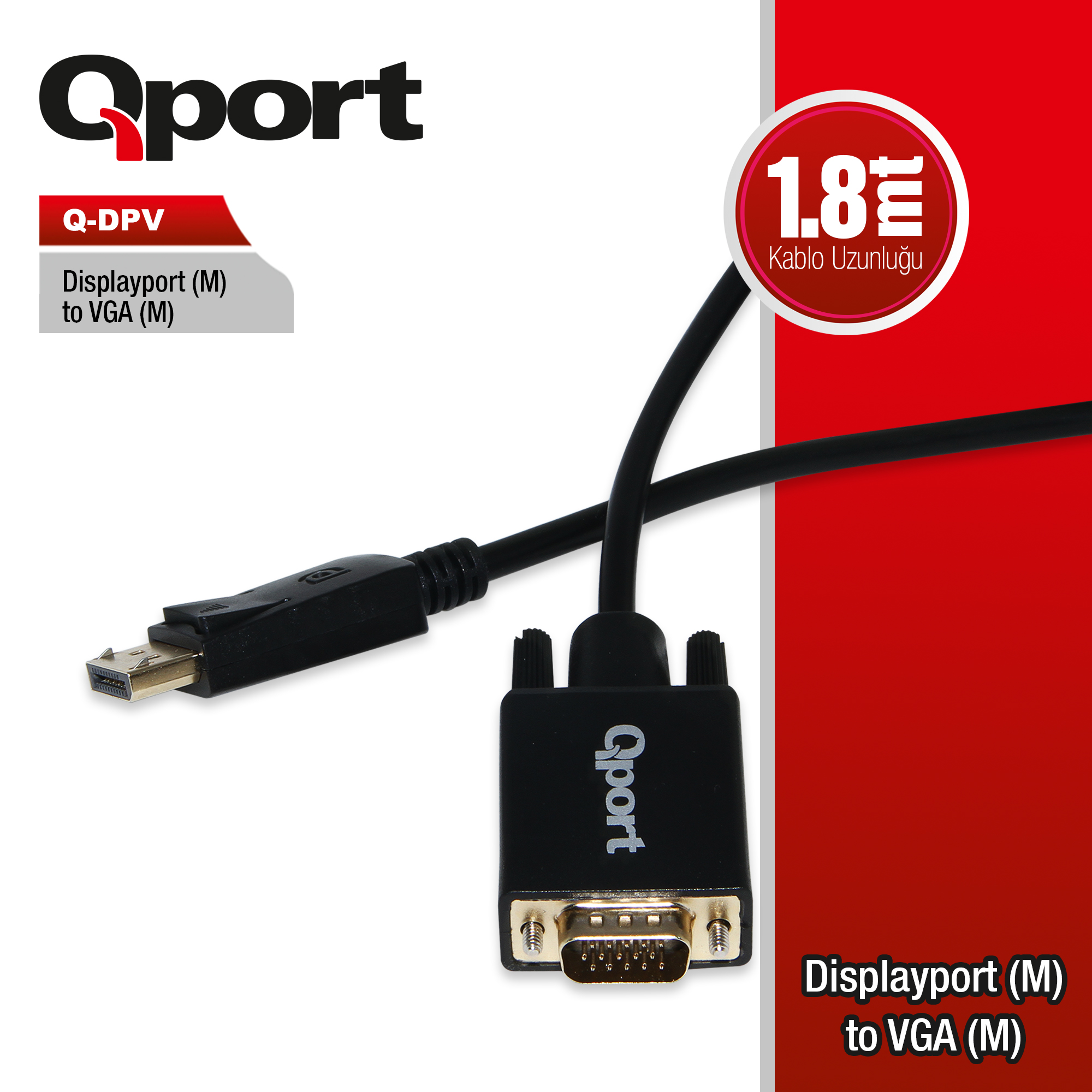 Qport (Q-DPV) Display Port to VGA Çevirici 1.8m Kablo