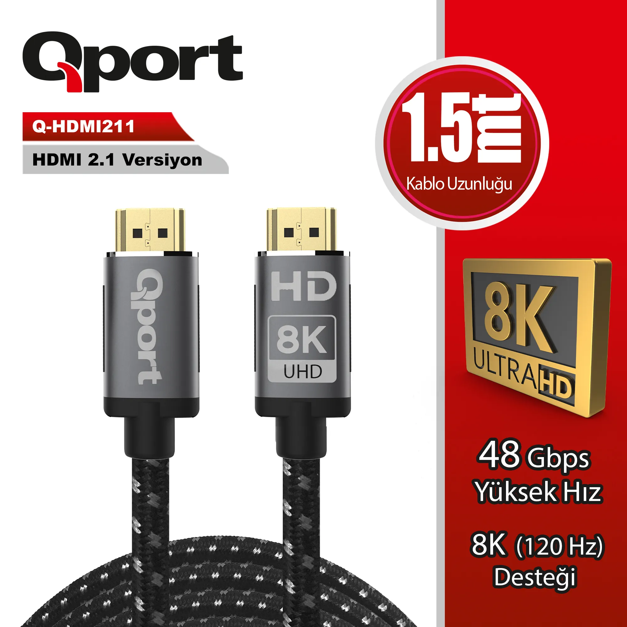 Qport (Q-HDMI211) Altın Uçlu 1.5m 8K HDMI 2.1 Kablo