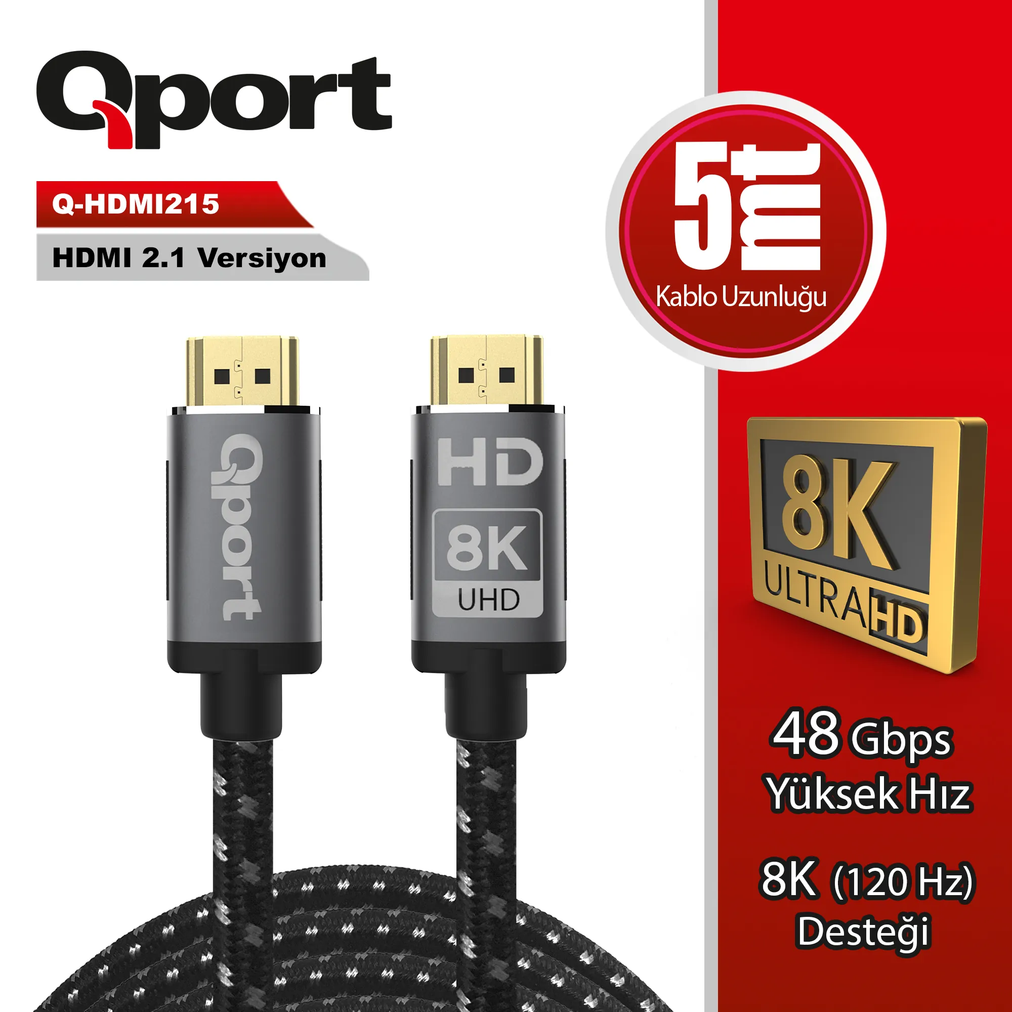 Qport (Q-HDMI215) Altın Uçlu 5m 8K HDMI2.1 Kablo