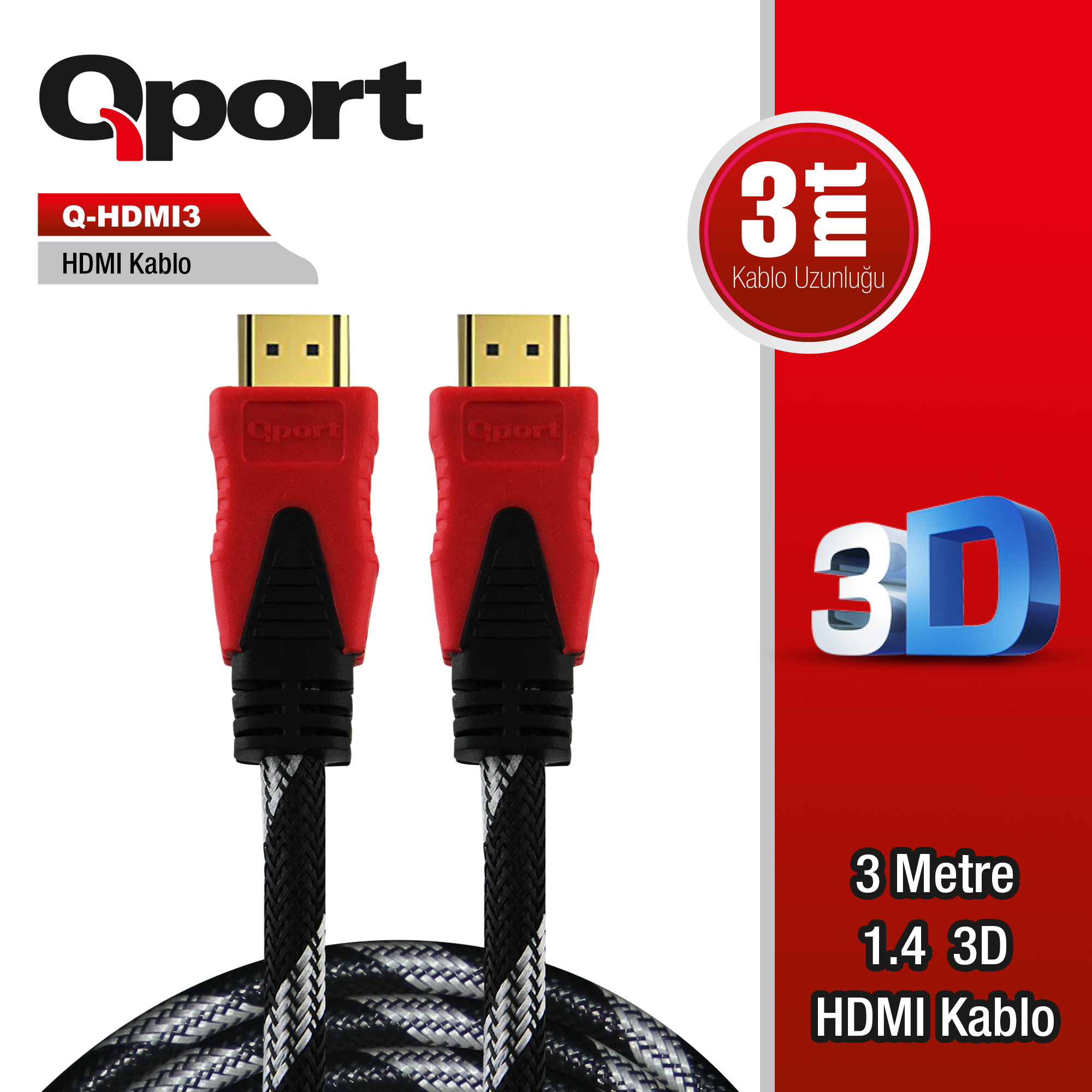 Qport (Q-HDMI3) Altın Uçlu 3m HDMI Kablo