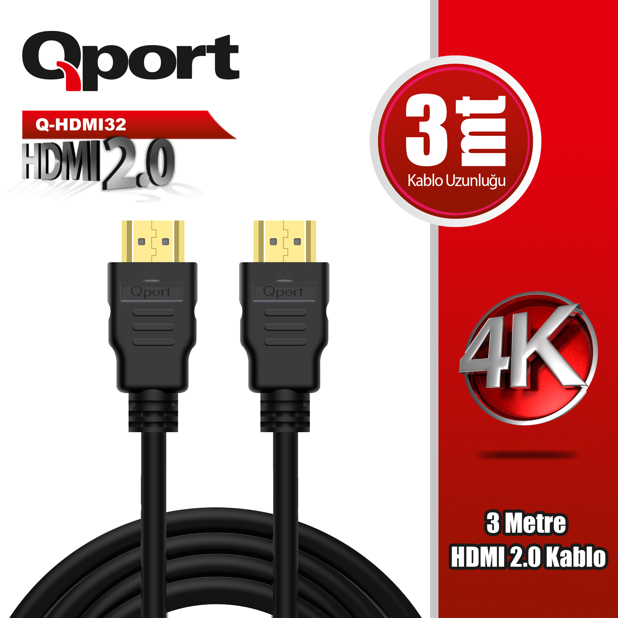 Hdmi32" yerine "HDMI32" olarak düzeltilmiş haliyle ürün adı şu şekildedir: 
"Qport (Q-HDMI32) Altın Uçlu 3m 4K HDMI2.0 Kablo