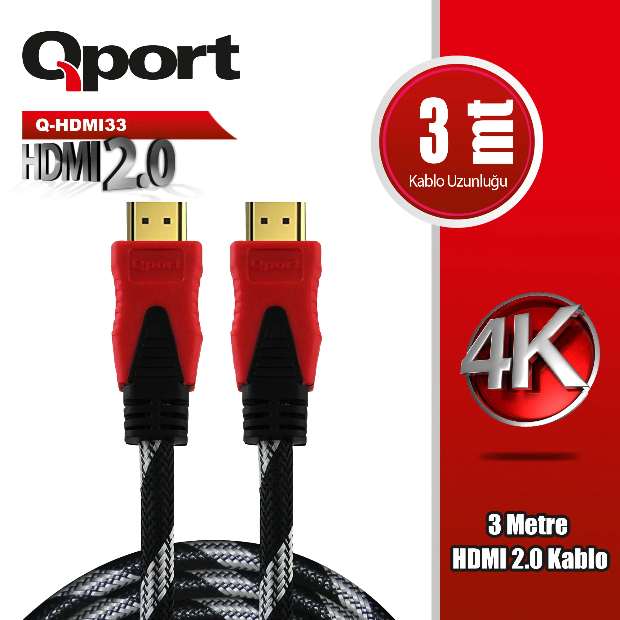 Qport (Q-HDMI33) Altın Uçlu 3m 4K HDMI2.0 Kablo