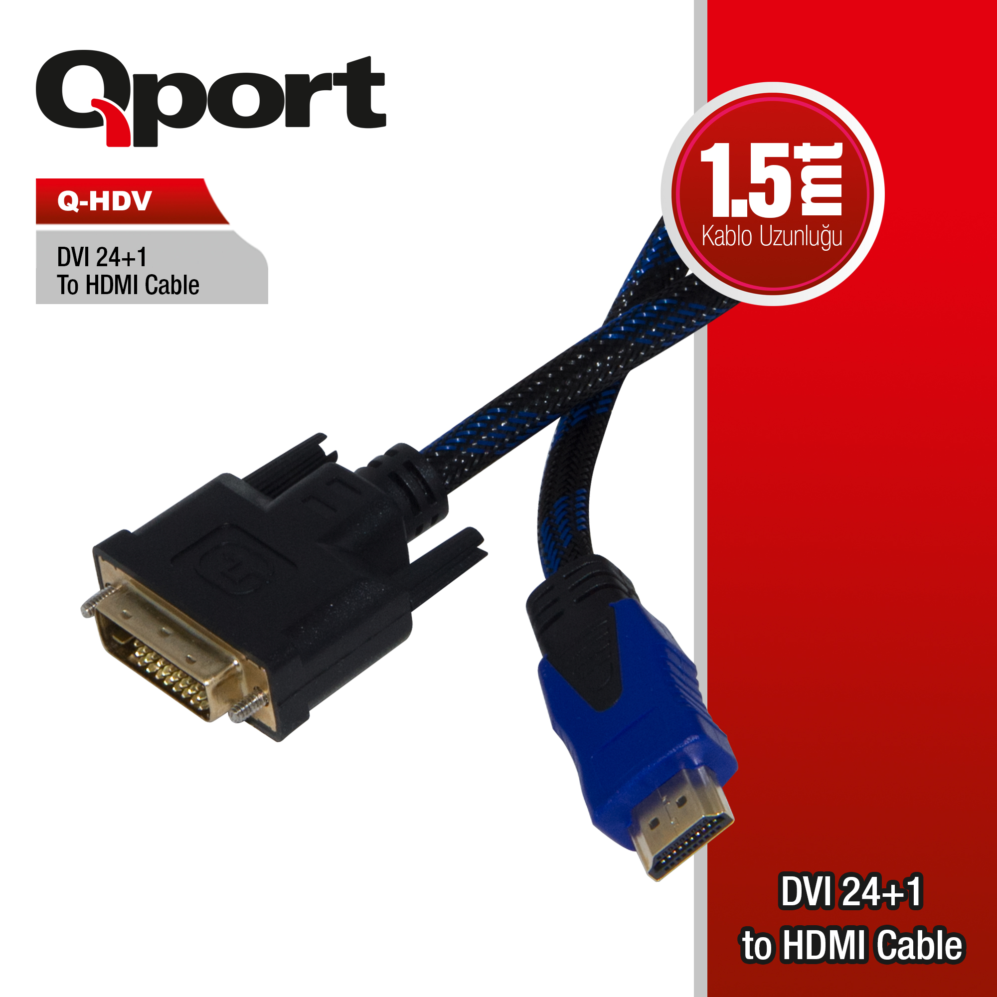 Qport (Q-HDV) DVI-D (24+1) to HDMI 1.5mt Çevirici