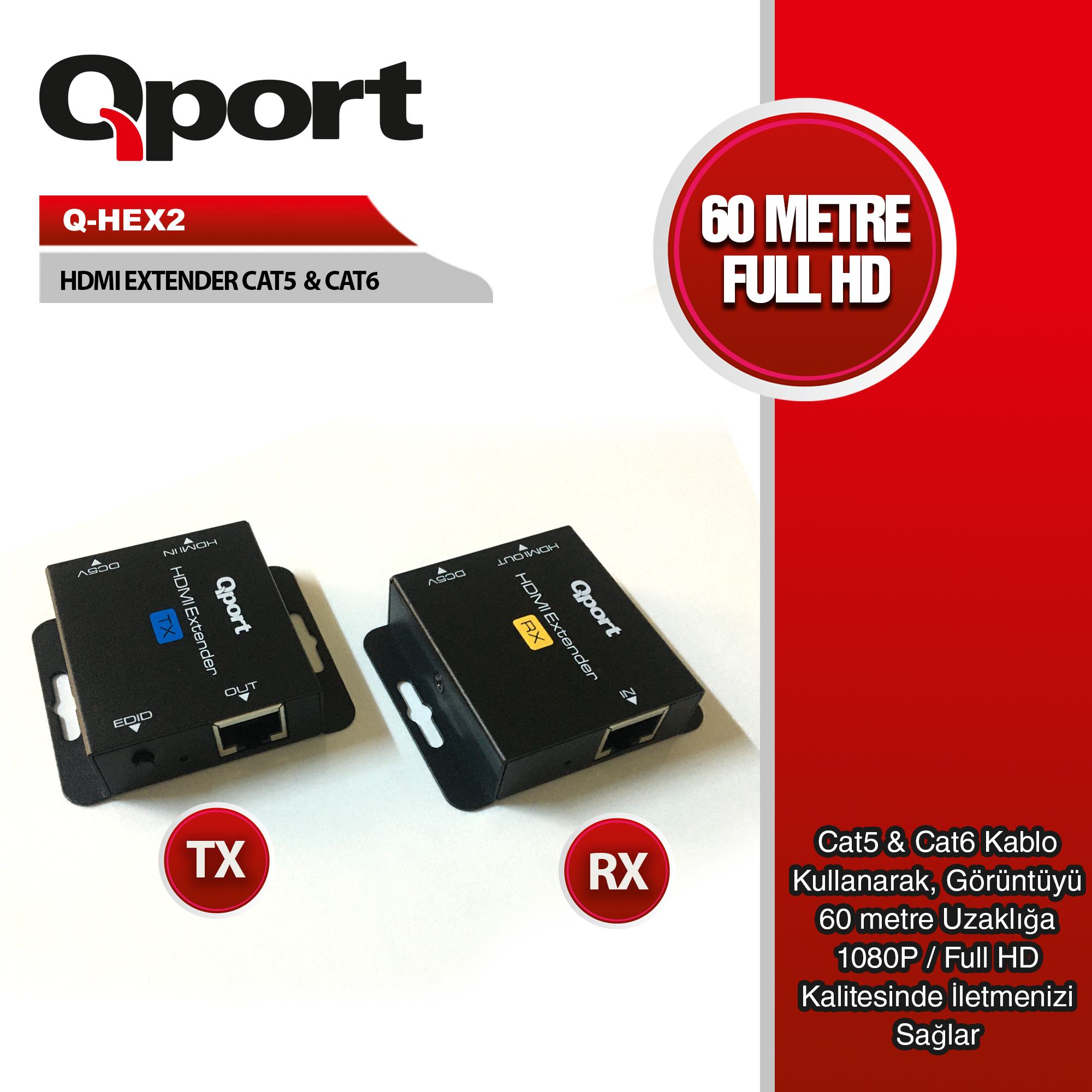 Qport (Q-Hex2) 60 Metre Cat5/Cat6 HDMI Extender Dönüştürücü 2 Li Paket