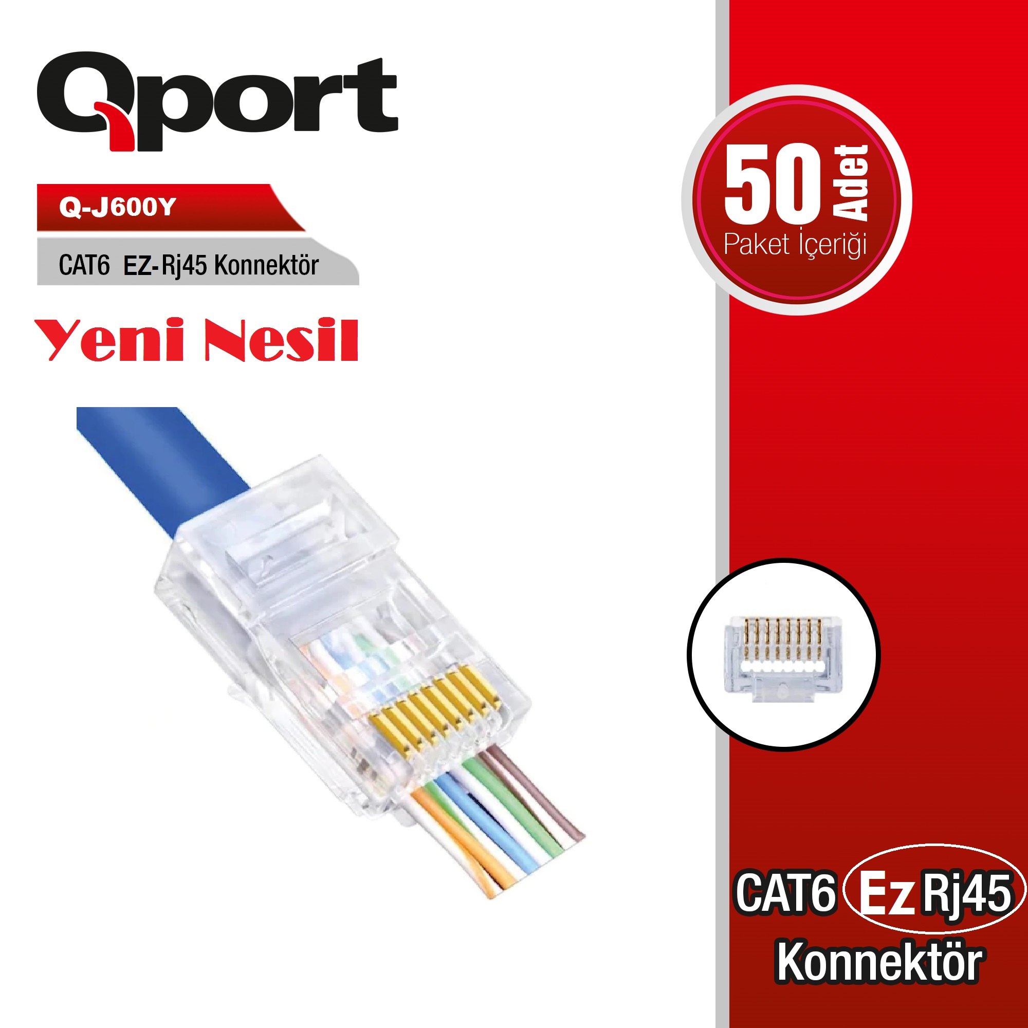 Qport Q-J600Y CAT6 50 Adet EZ-RJ45 Yeni Nesil Konnektör