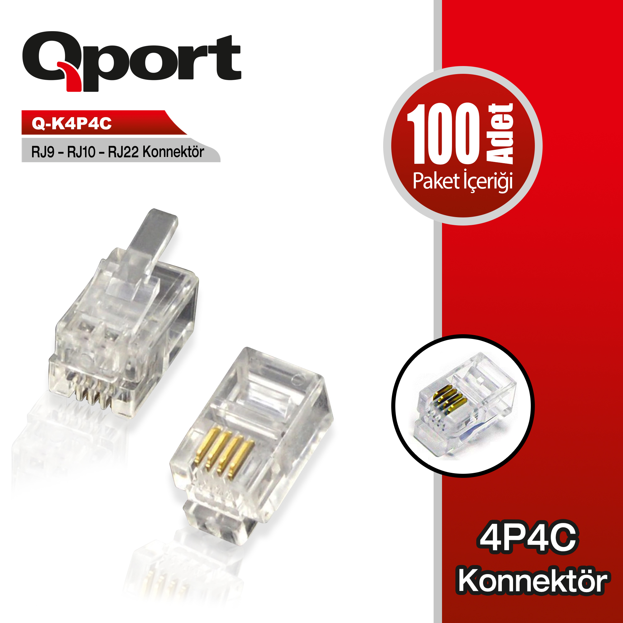 Qport (Q-K4P4C) RJ9/RJ10/RJ22 Konnektör 100 Lu