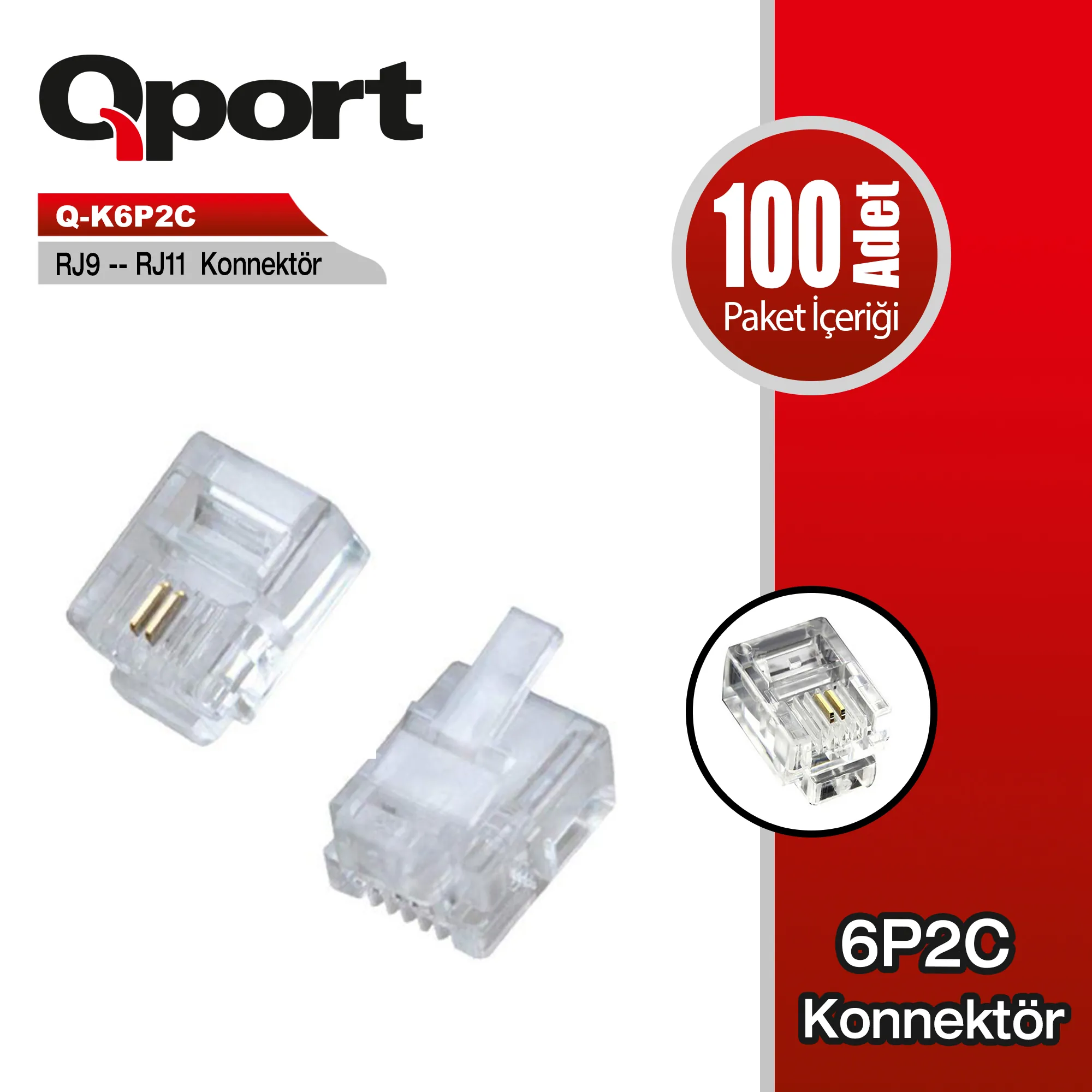 Qport (Q-K6P2C) RJ9/RJ11/RJ11 Konnektör 100 Lu
