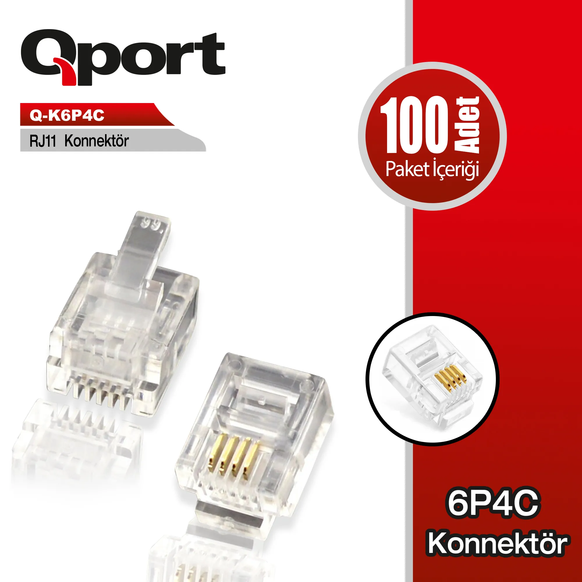 Qport (Q-K6P4C) RJ11 Konnektör 100 Lu