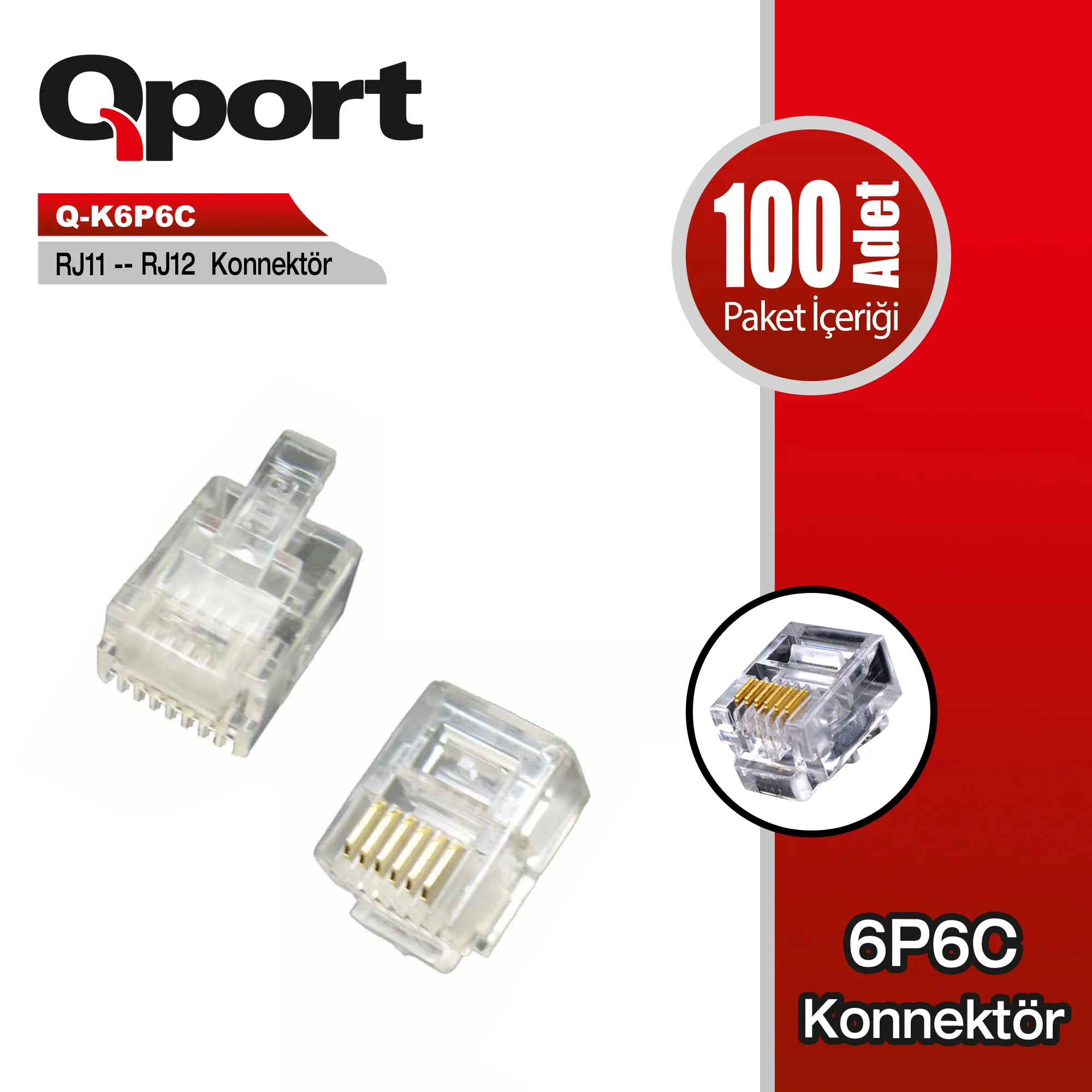 Qport (Q-K6P6C) RJ11/RJ12 Konnektör 100 Lu