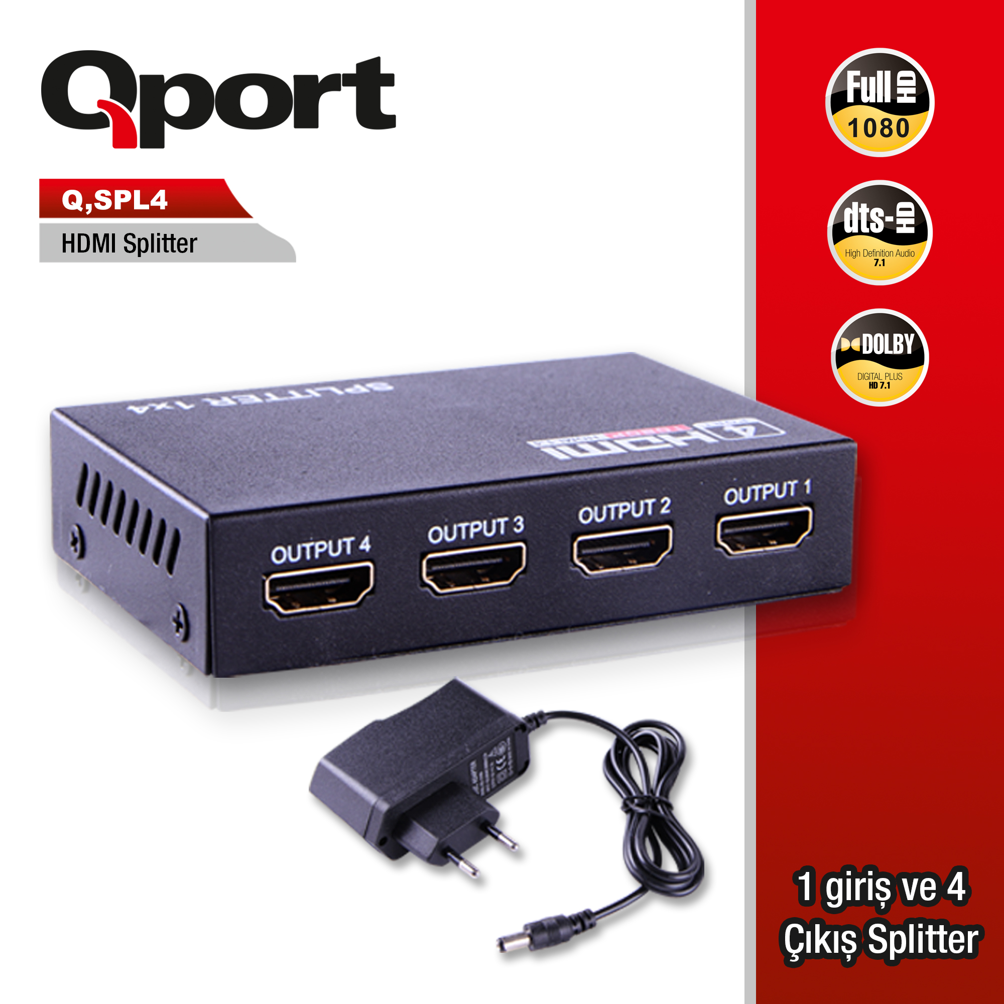 Qport (Q-SPL4) Full HD 1 Giriş 4 Çıkış HDMI Splitter (Sinyal Çoğaltıcı)