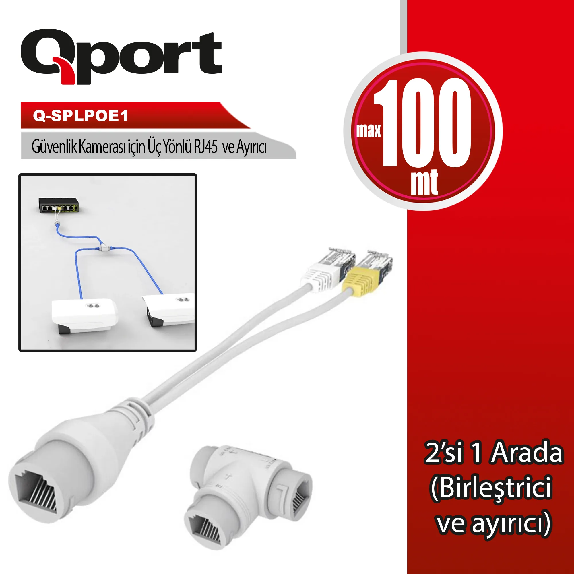 Qport Q-Splpoe1 PoE Splitter 2in1 AG Konnektoru + 3 Yollu RJ45 Konnektoru
