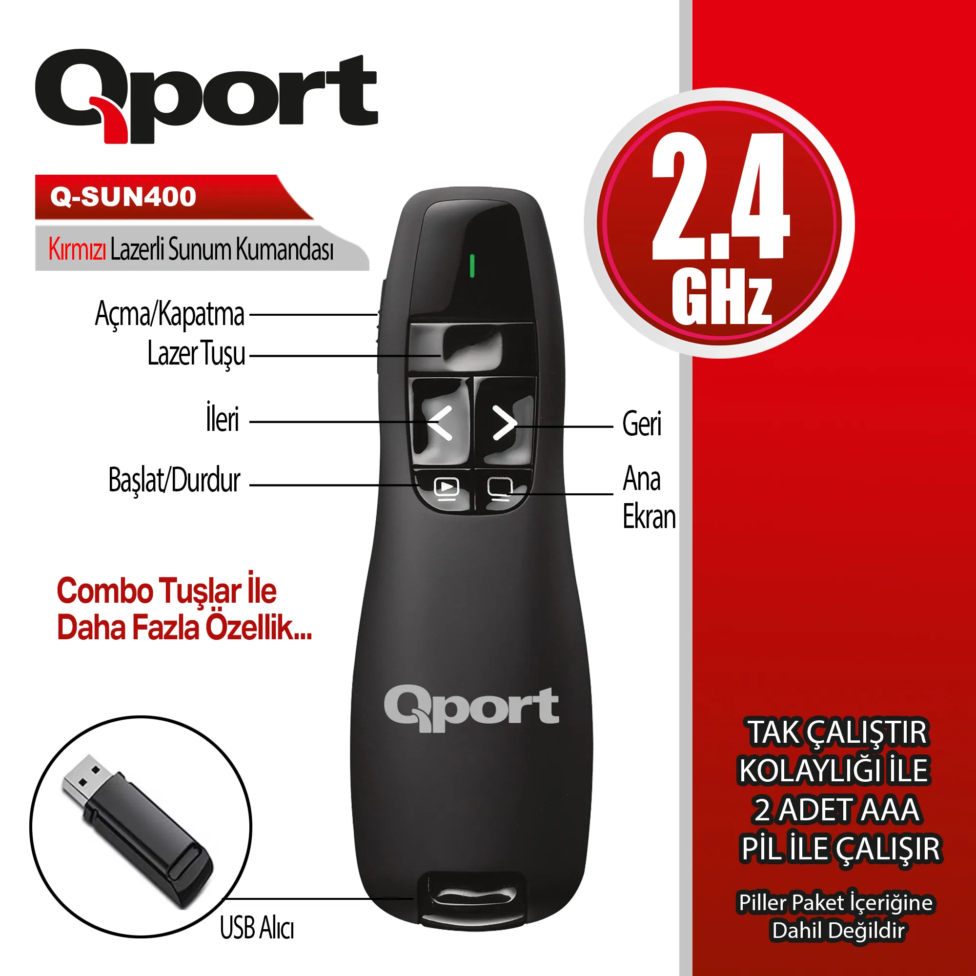 Qport (Q-Sun400) 2.4GHz Kırmızı Lazerli Sunum Kumandası Siyah