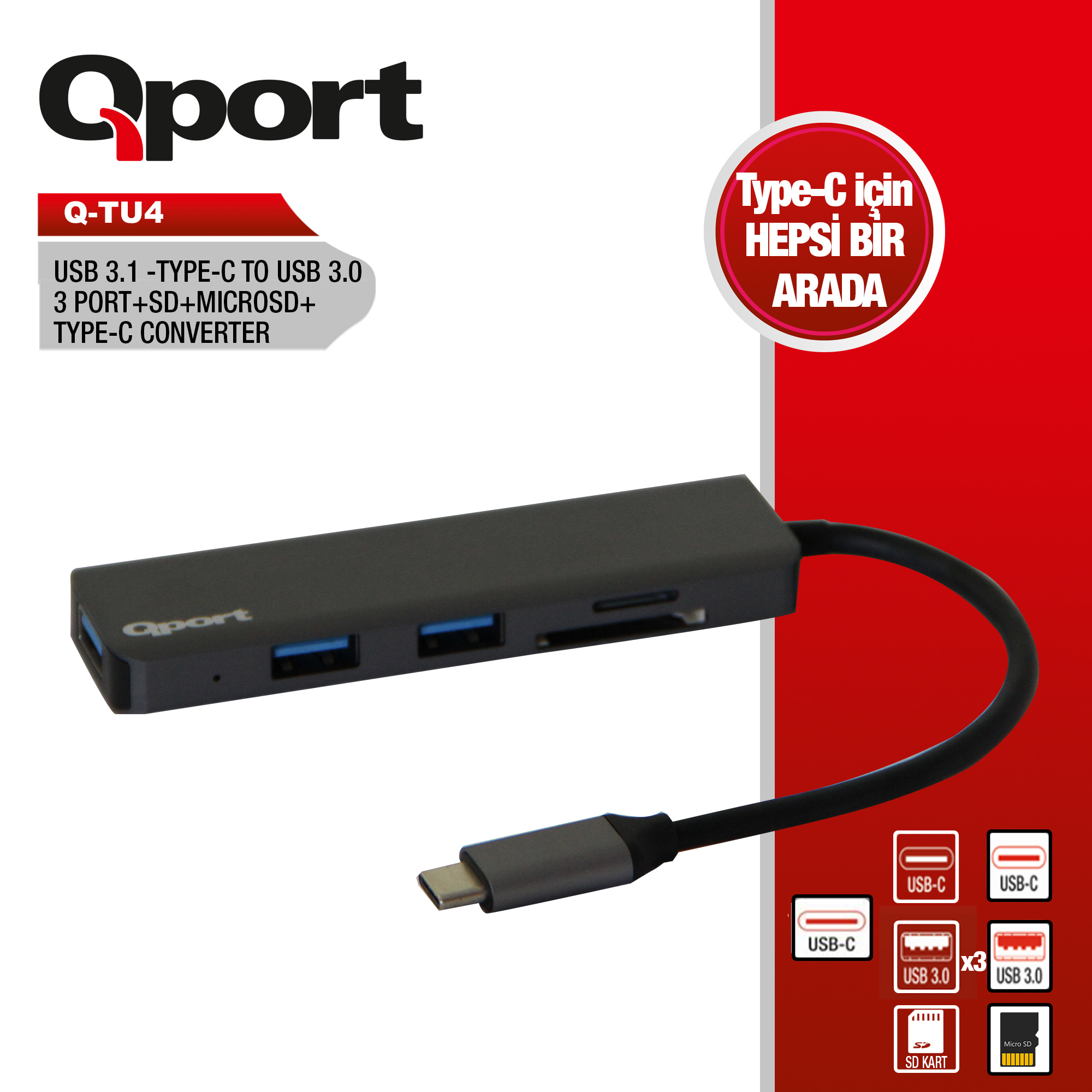 Qport (Q-TU4) USB3.1 Type-C to 3xUSB3.0/SD/MicroSD Hub Siyah