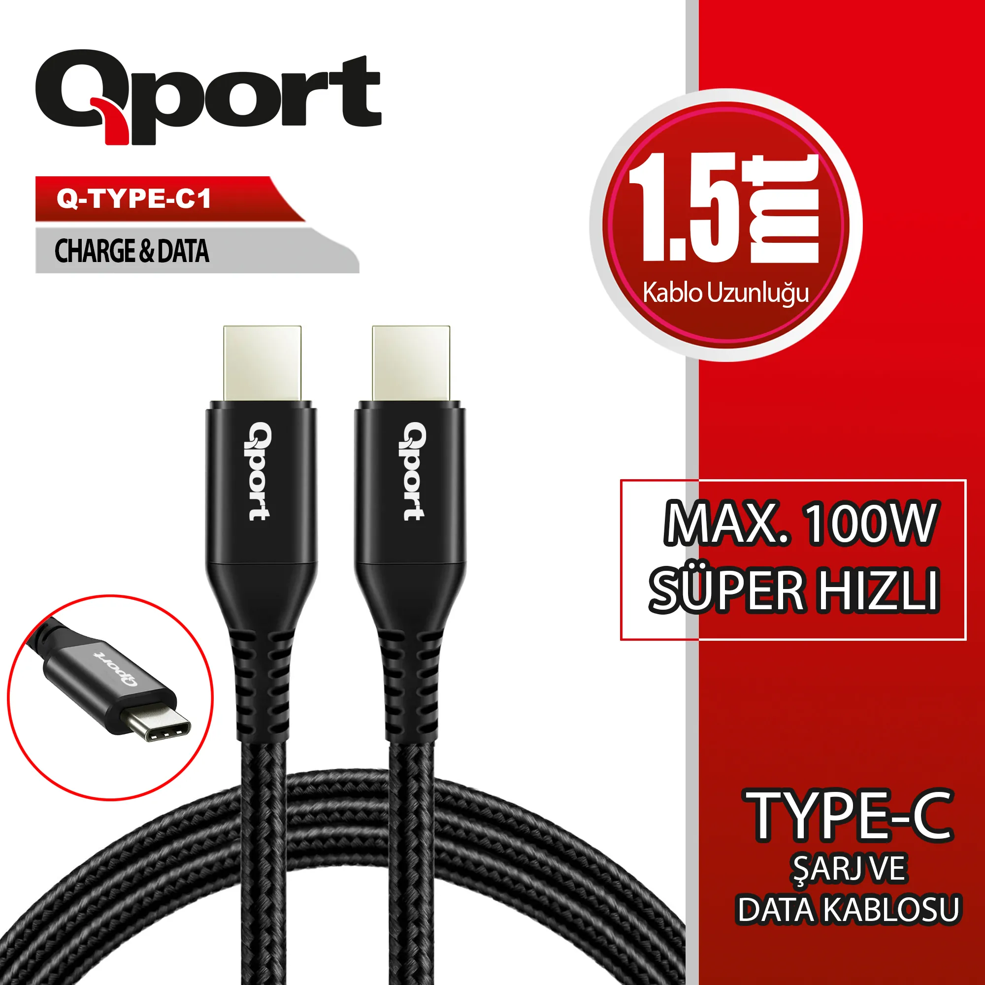 Qport Q-Type-C1 1.5m Type-C 100W Süper Hızlı PD Şarj ve Data Kablosu