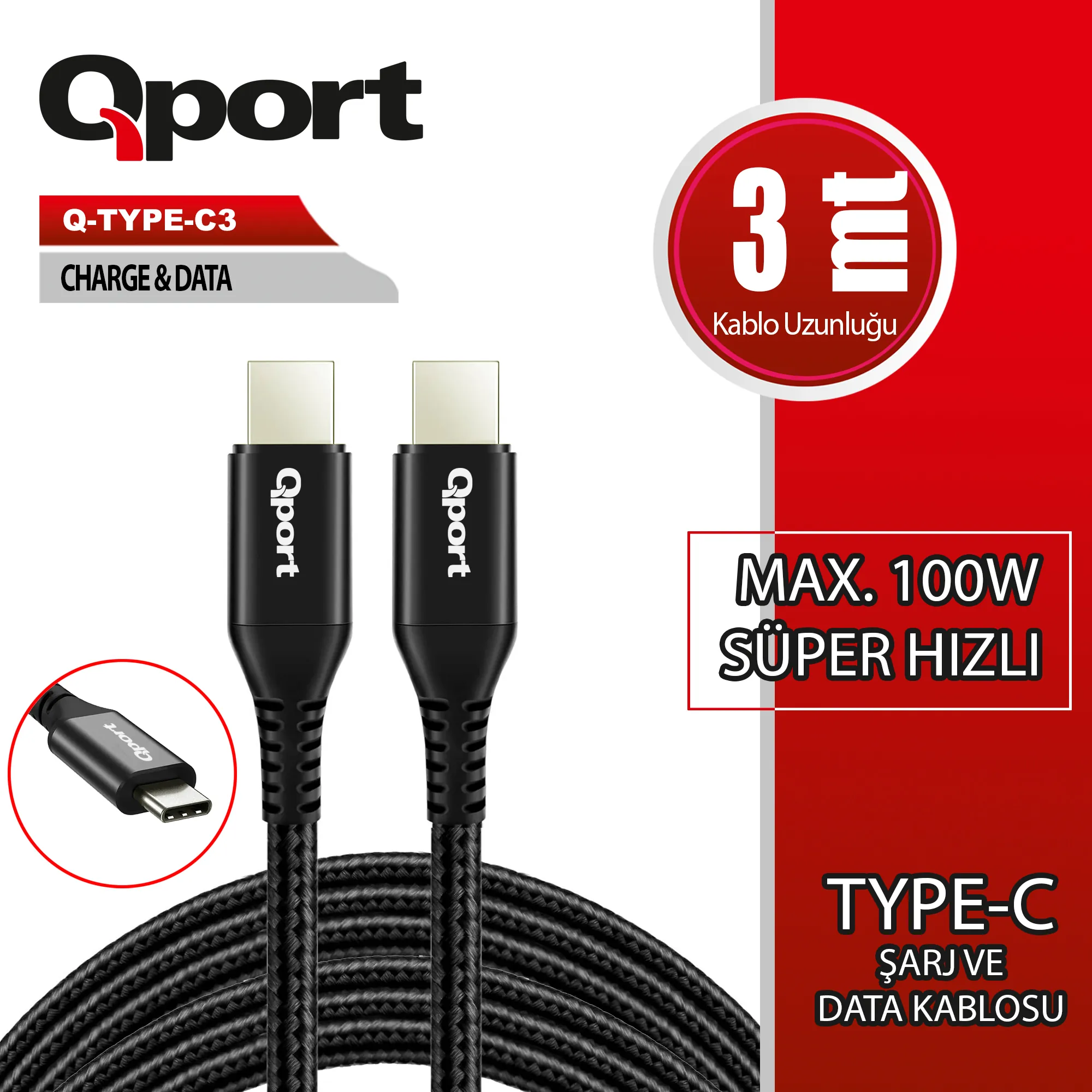 Qport Q-Type-C3 3m Type-C 100W Süper Hızlı PD Şarj ve Data Kablosu