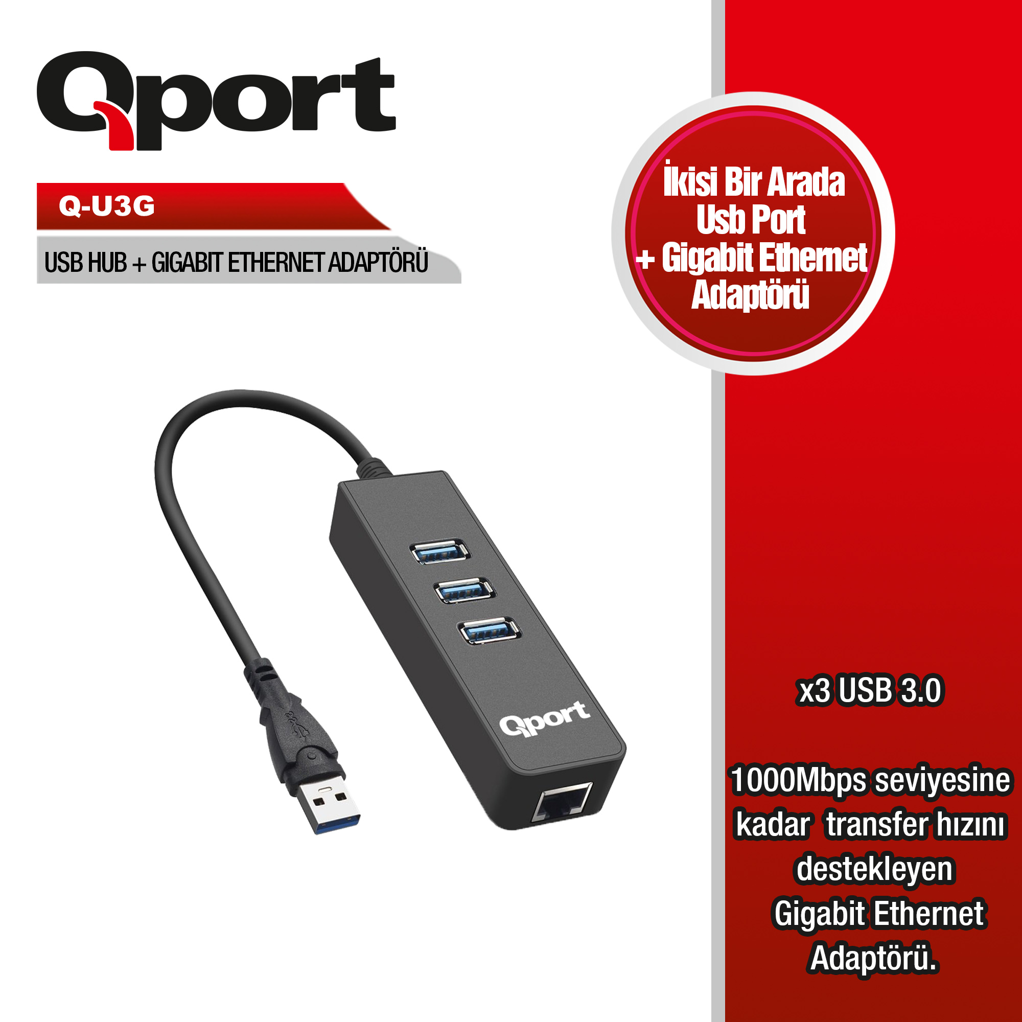Qport Q-U3G USB3.0 to 3 Port USB + RJ45 Ethernet Hub