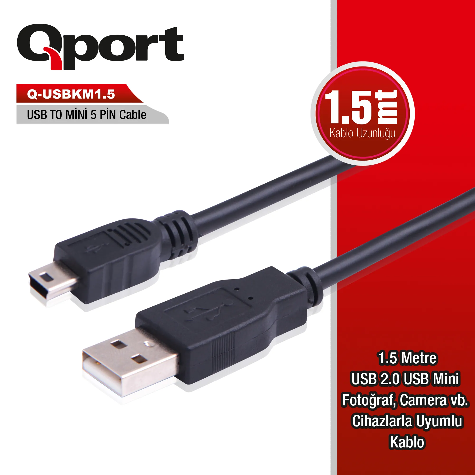 Qport (Q-USBKM1.5) USB2.0 to Mini USB 1.5m Data Kablo