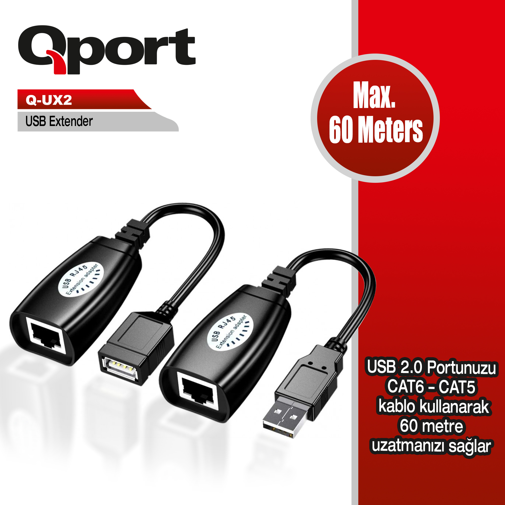 Qport (Q-UX2) 60 Metre Cat5/Cat6 USB Extender Dönüştürücü 2 Li Paket