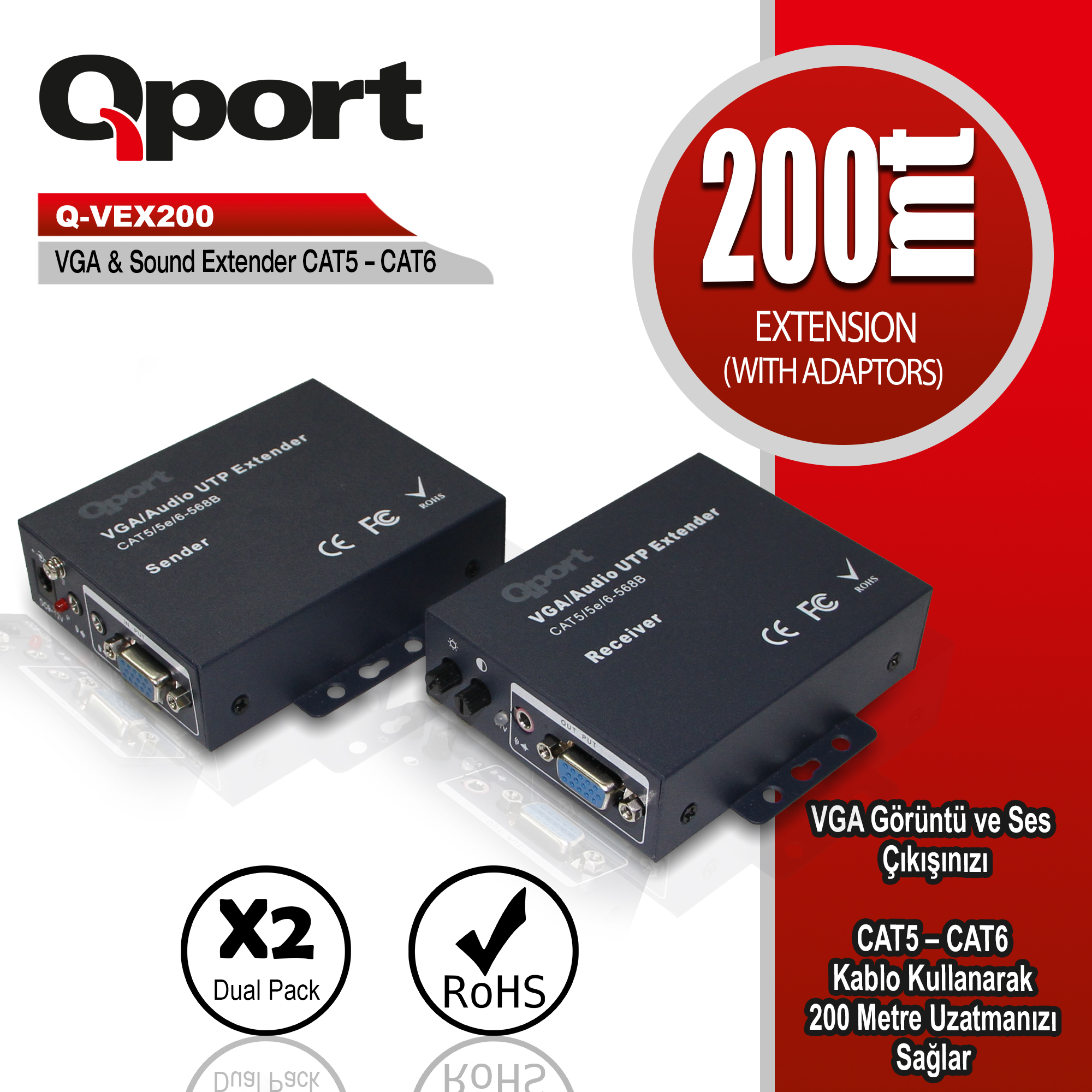 Qport (Q-VEX200) 200 Metre Cat5/Cat6 VGA Extender Dönüştürücü 2li Paket