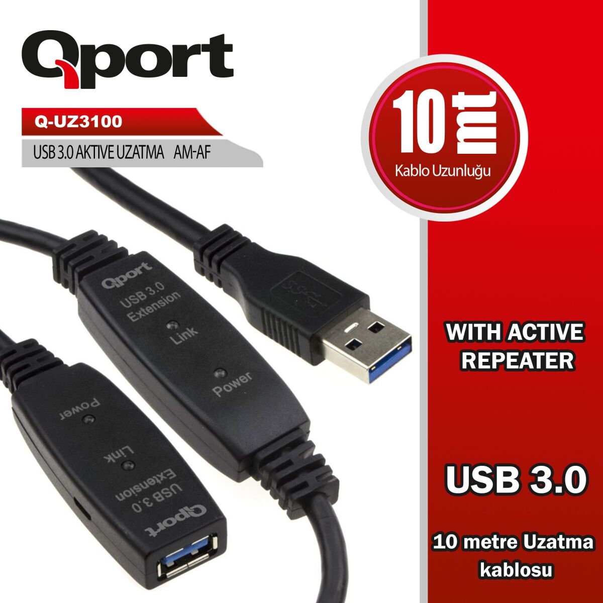 Qport Usb3.0 10mt Uzatma Kablosu Yenileyici (Q-Uz3100)