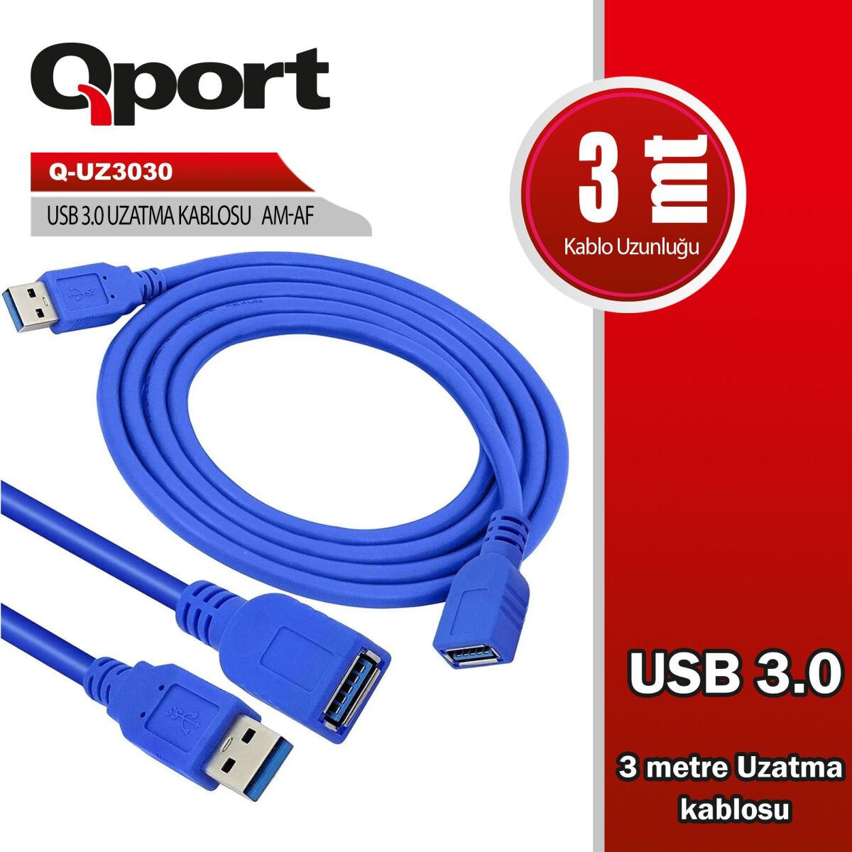 Qport USB3.0 3mt Uzatma Kablosu (Q-UZ3030)
