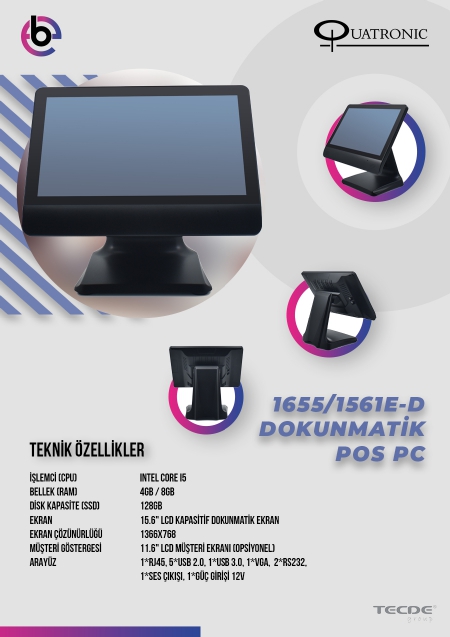 Quatronic P1561E-D i5 3. Nesil 8GB RAM 128GB SSD 15.6" Dokunmatik POS PC