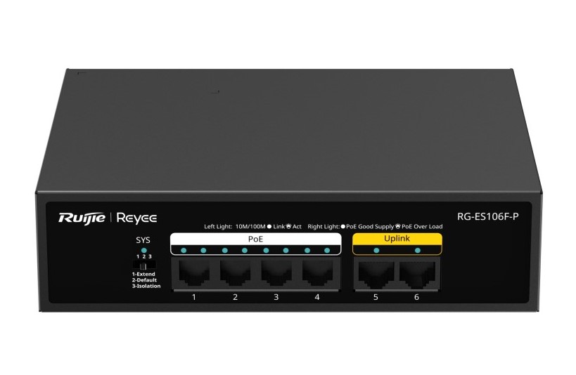 Ruijie Reyee RG-ES106F-P 6 Port 10/100 4xPoE 54W 2xFA-Uplink Yönetilemez Switch