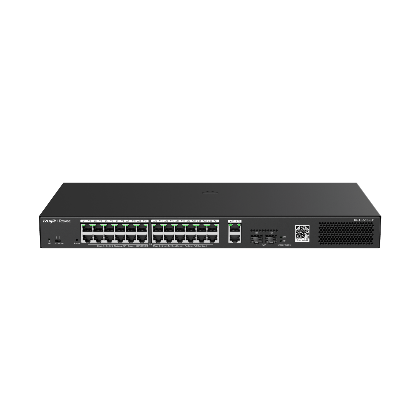 Ruijie RG-ES228GS-P 26 Port Gigabit 24xPoE 370W 2xRJ-45 2xSFP Yönetilebilir Switch