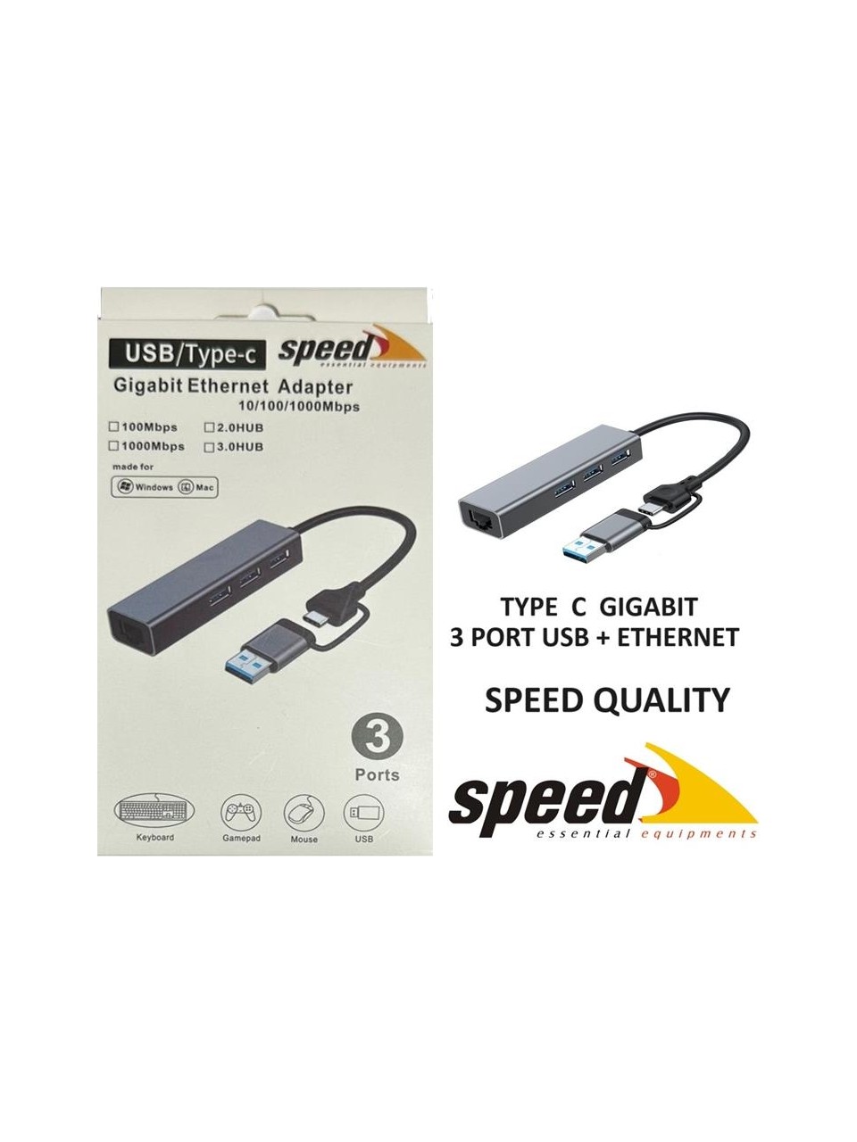 SPEED Sp-UET01 10/100/1000 USB/Type-C 3 Port USB3.0 Gigabit Ethernet Çevirici