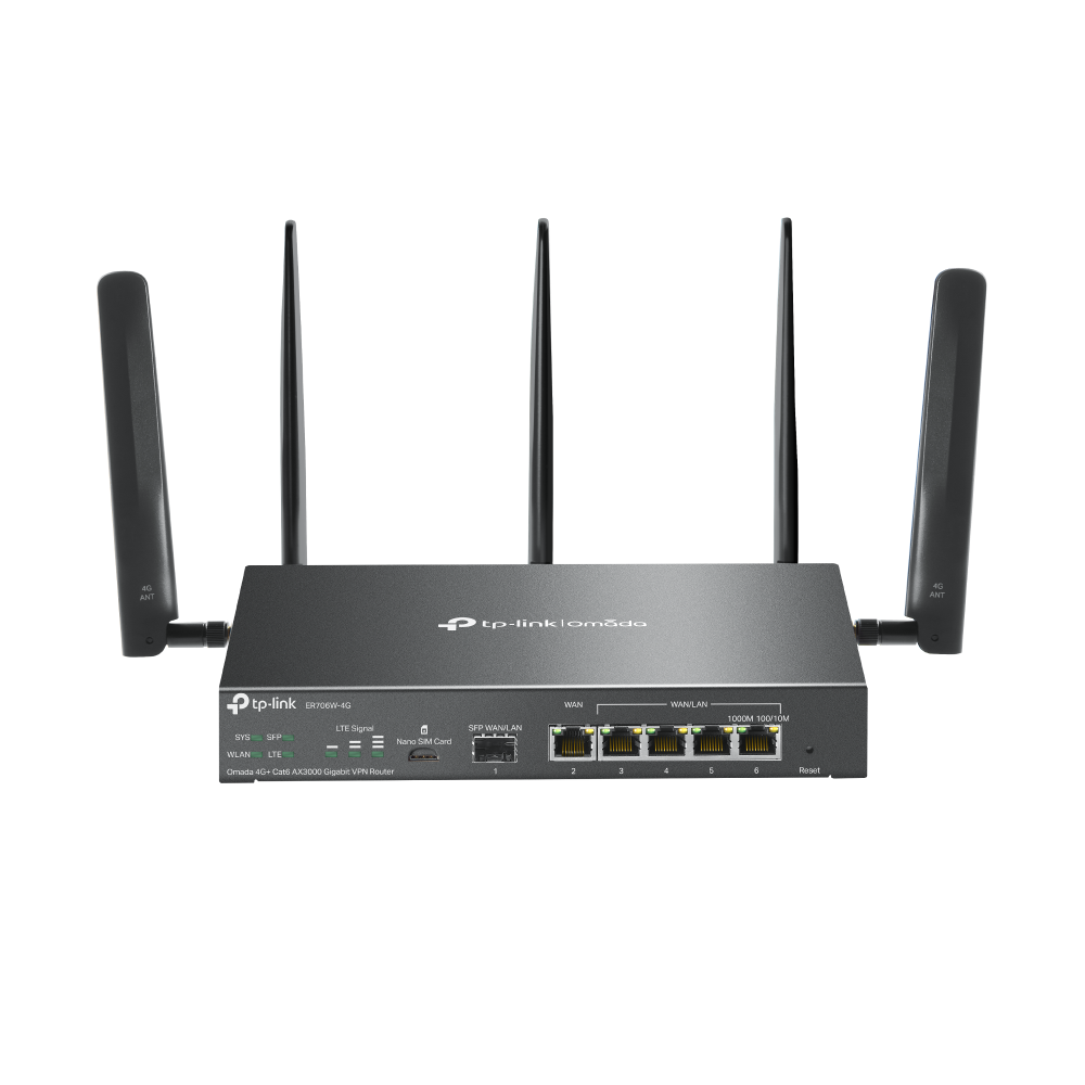Tp-Link Omada Er706W-4G 6 Port Ax3000 5GHz 4G+ Cat6 Sim Kart Vpn Router
